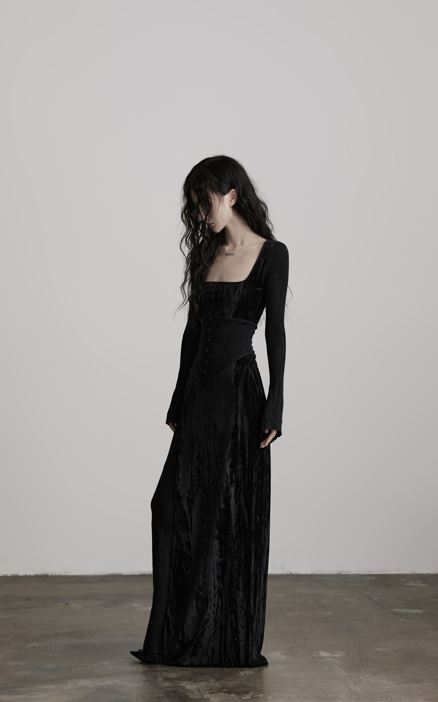 DOINDULGE Wool Velvet Long Dress with Corset Waist