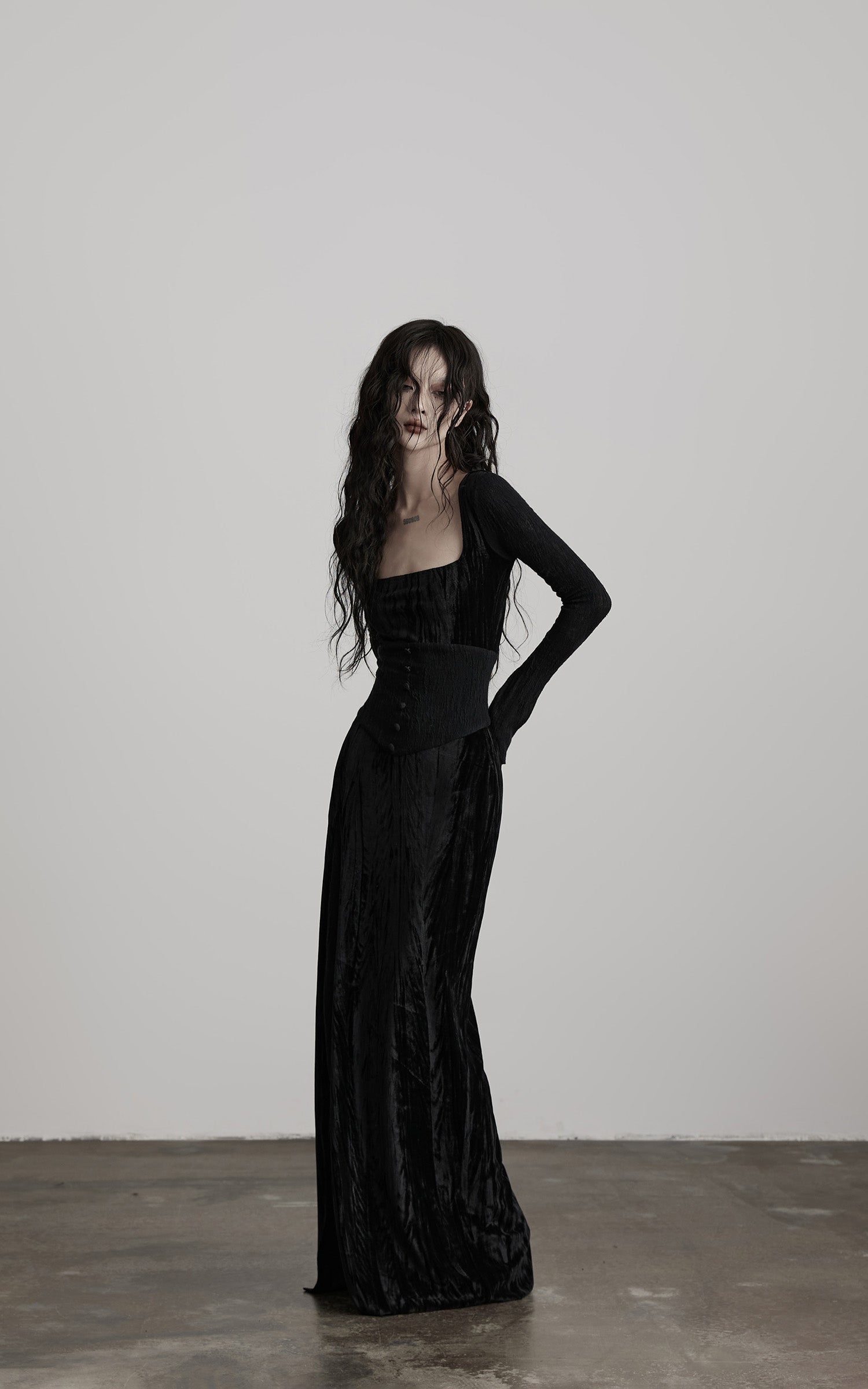 DOINDULGE Wool Velvet Long Dress with Corset Waist