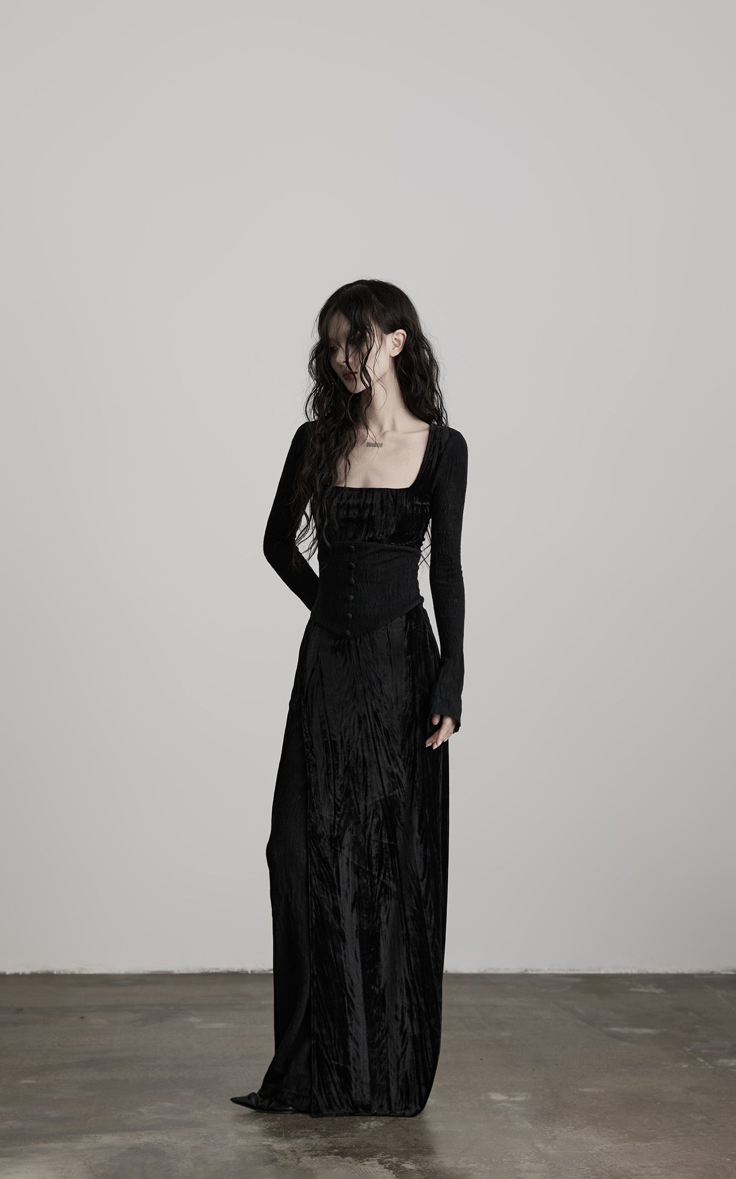 DOINDULGE Wool Velvet Long Dress with Corset Waist