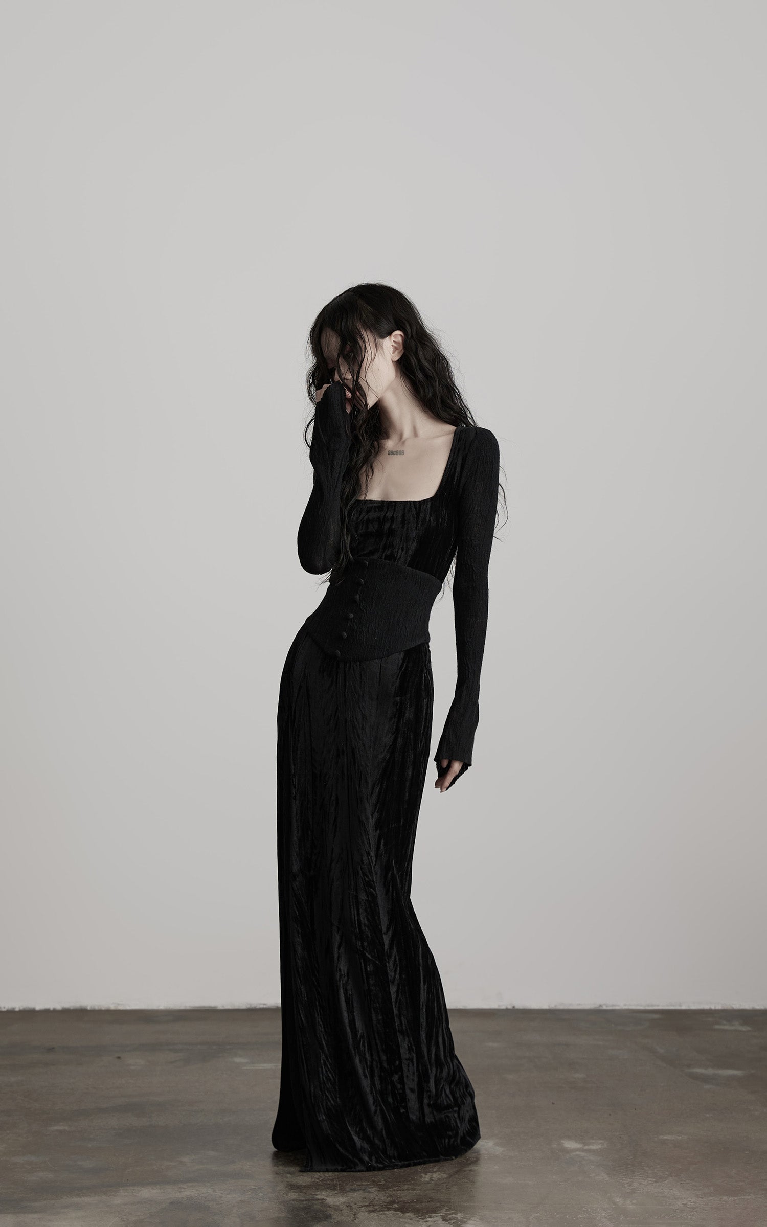 DOINDULGE Wool Velvet Long Dress with Corset Waist