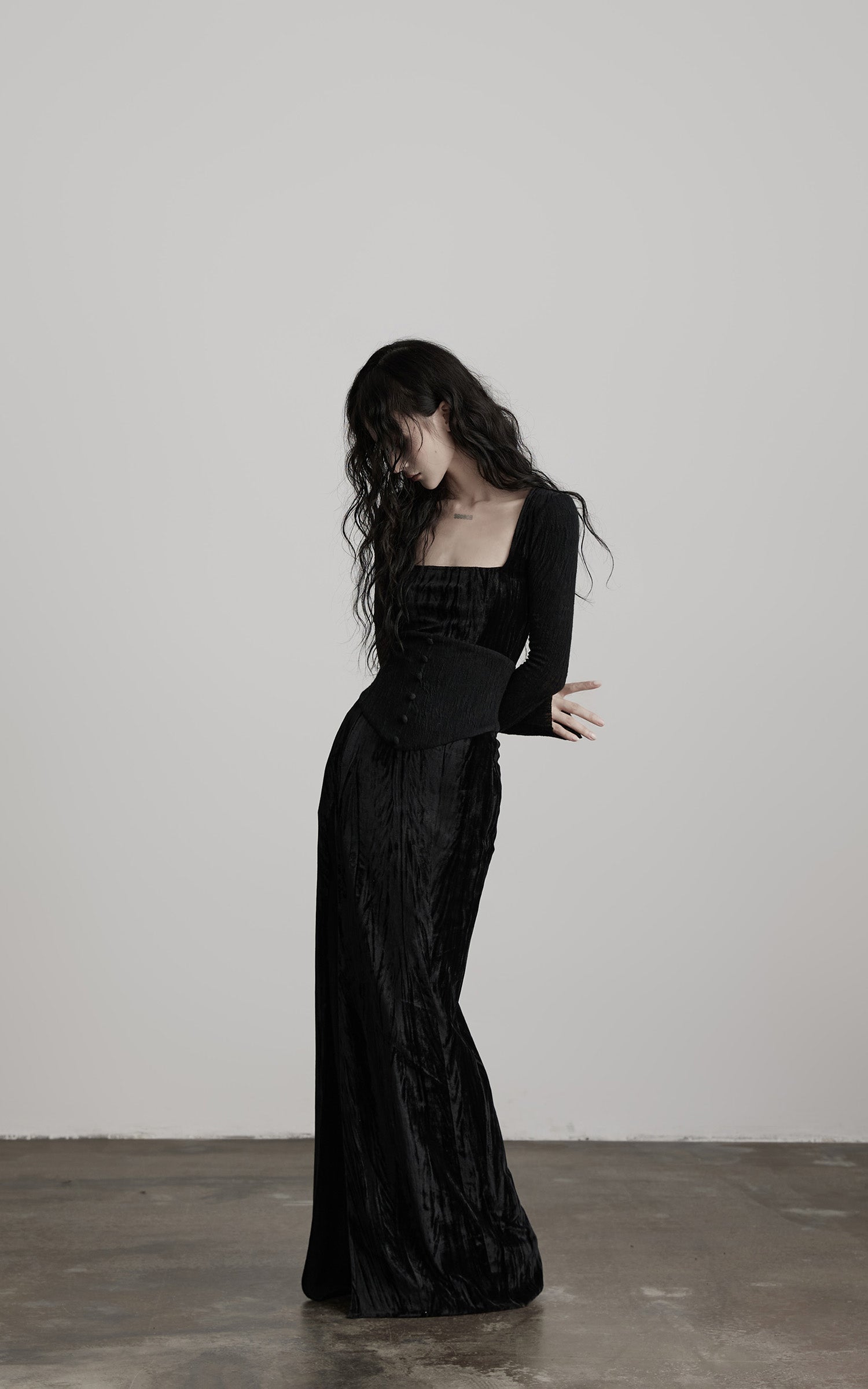 DOINDULGE Wool Velvet Long Dress with Corset Waist