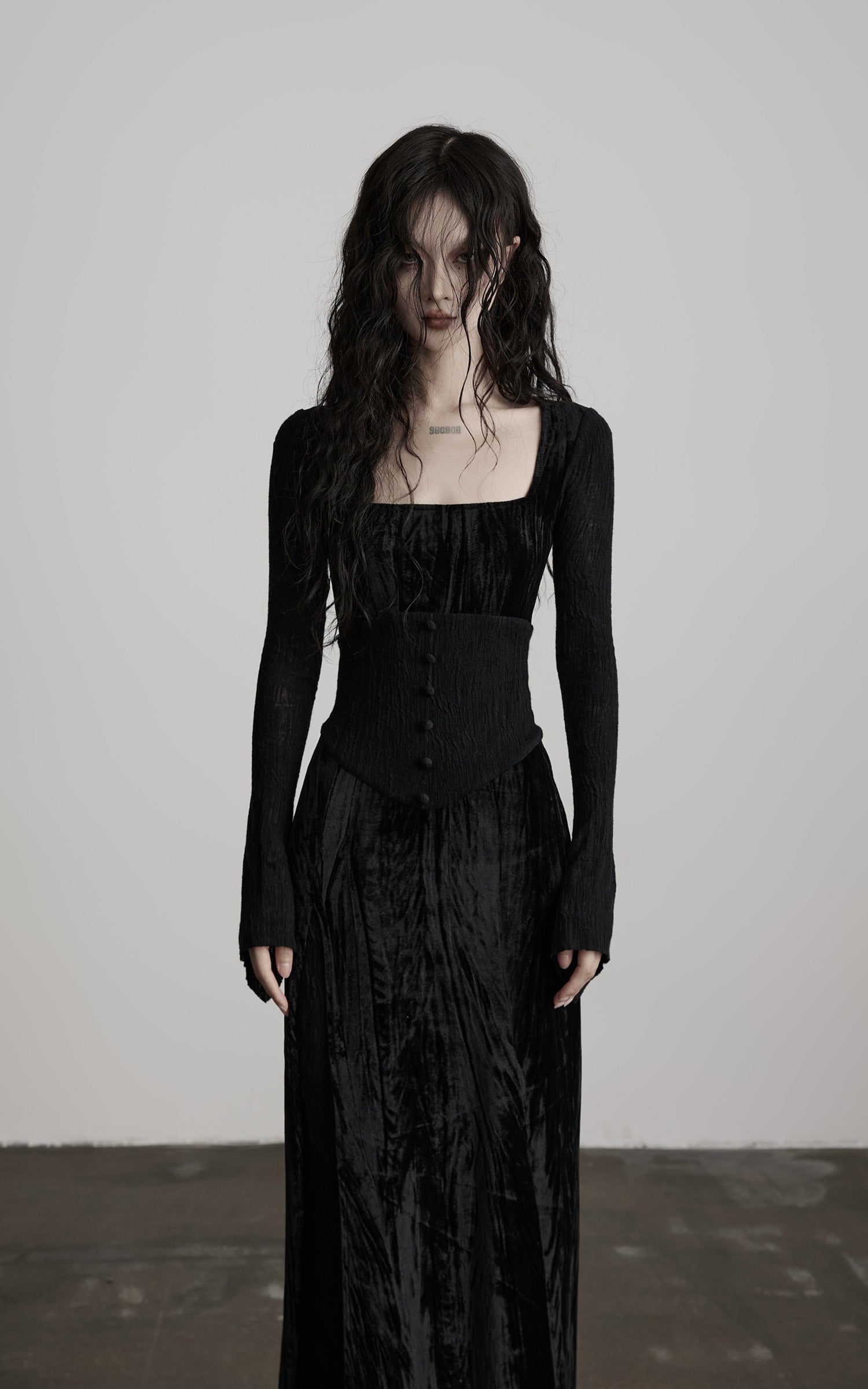 DOINDULGE Wool Velvet Long Dress with Corset Waist