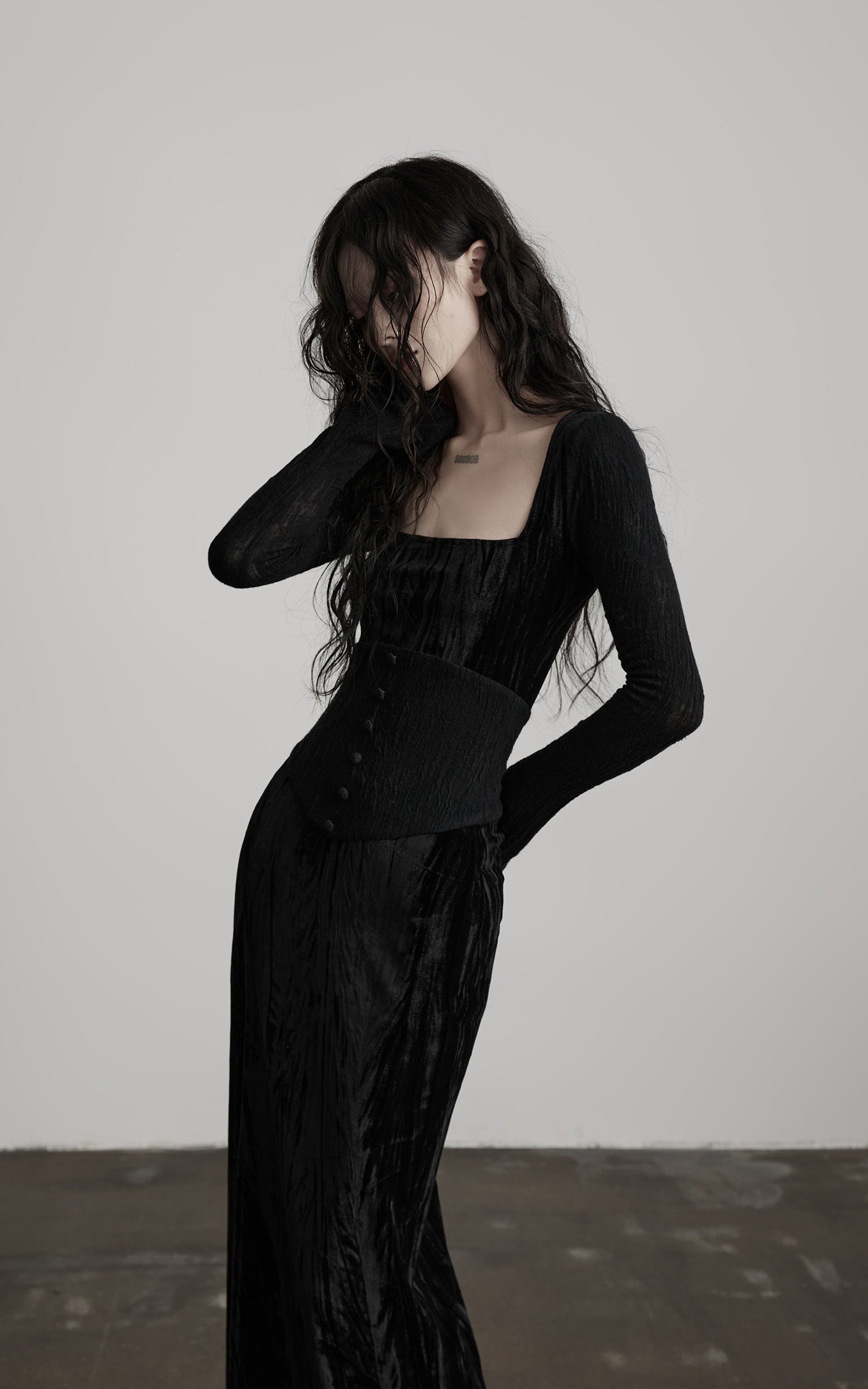 DOINDULGE Wool Velvet Long Dress with Corset Waist