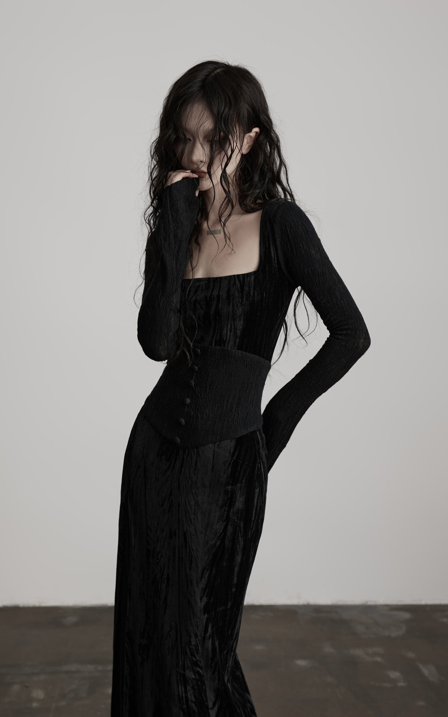 DOINDULGE Wool Velvet Long Dress with Corset Waist