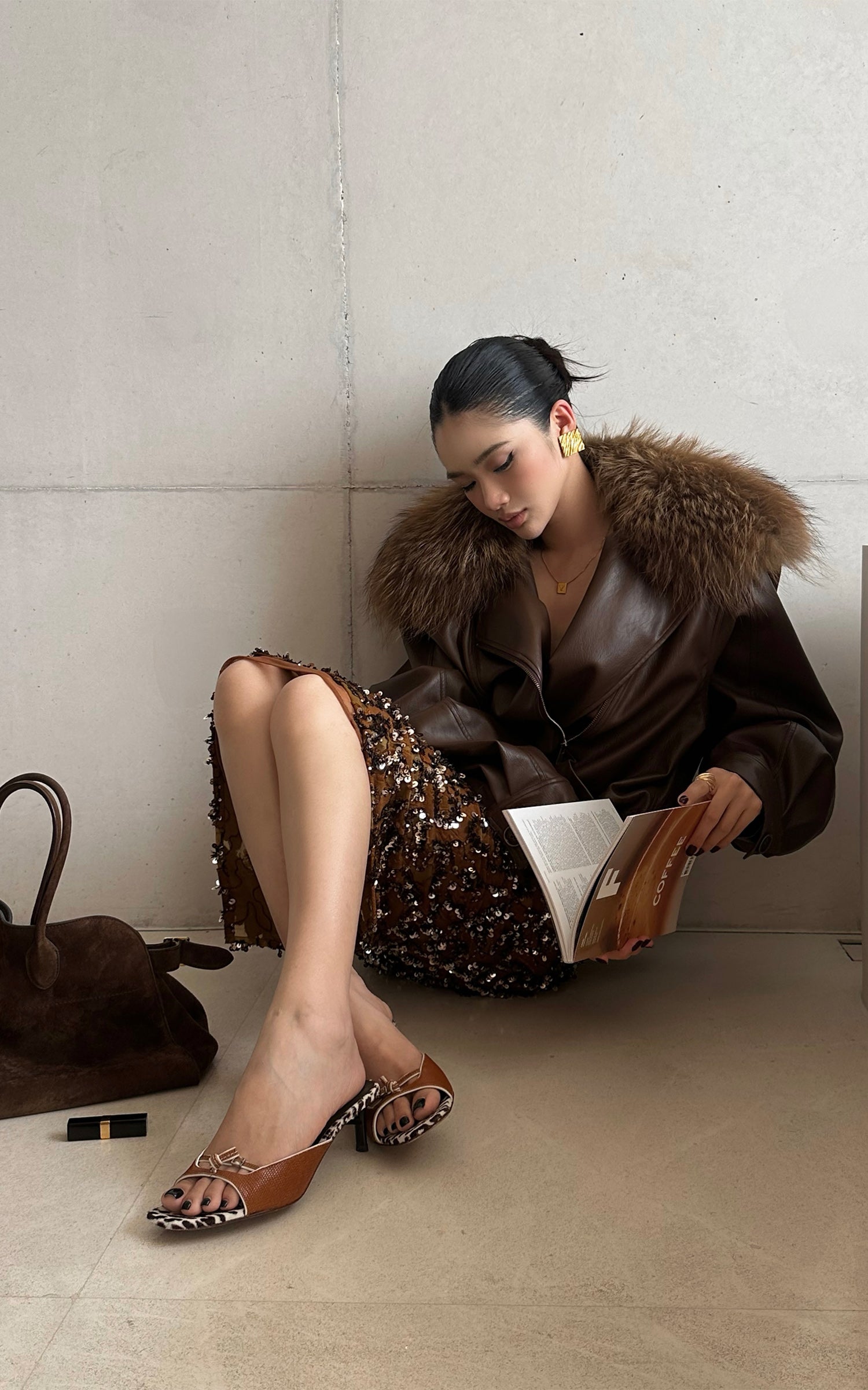 ROVENTE Detachable Fur Collar Leather Jacket