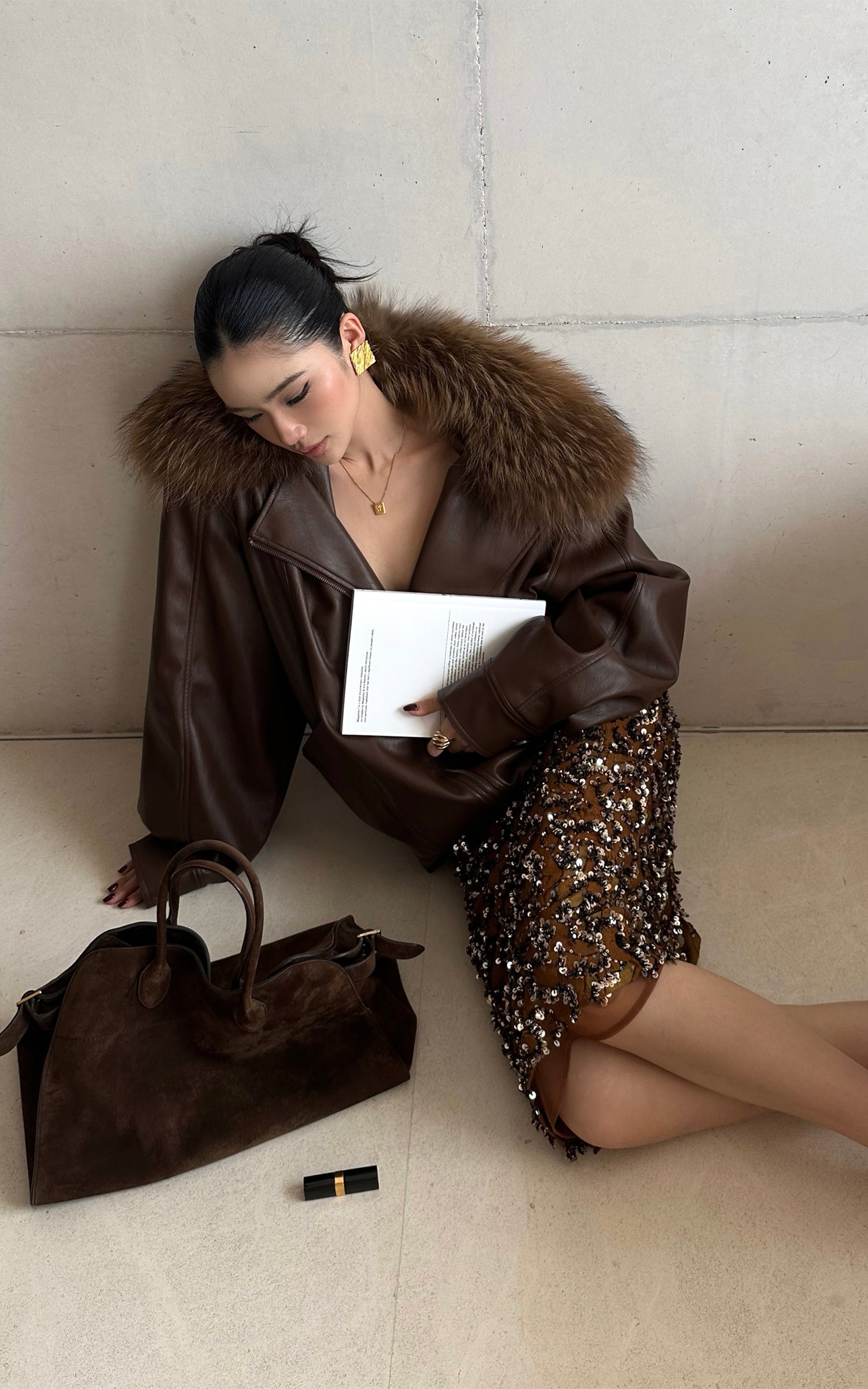 ROVENTE Detachable Fur Collar Leather Jacket