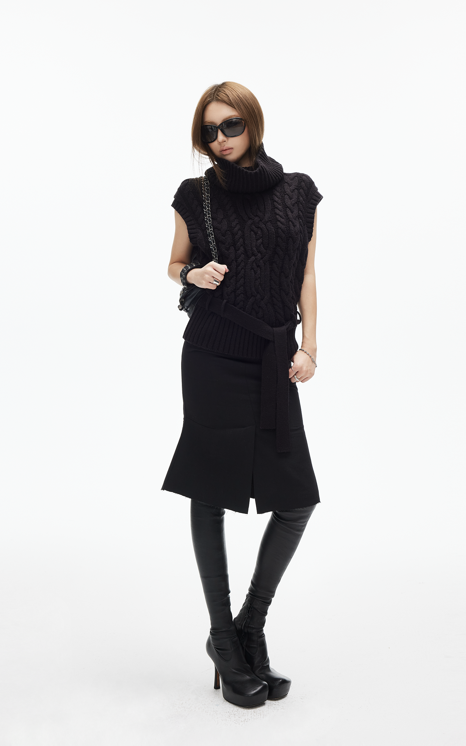 IAMXIAA Wool-Like High Waist Fishtail Midi Skirt with Raw Edge Hem