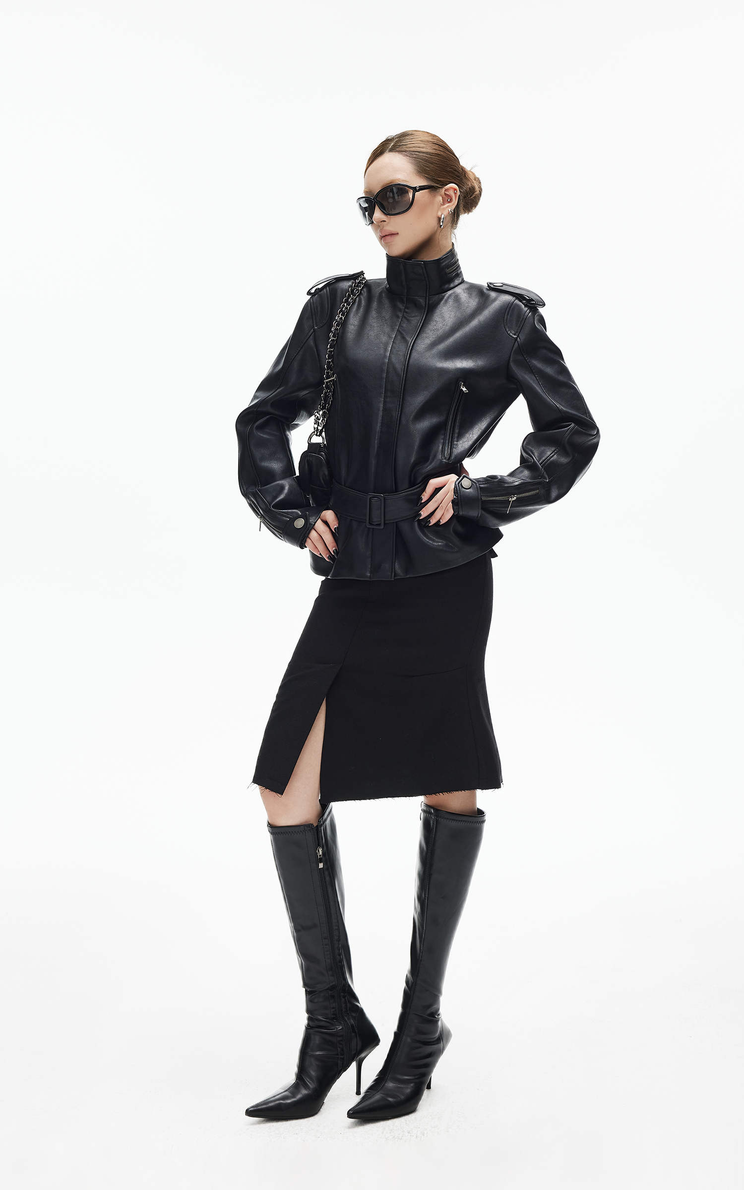 IAMXIAA Belted High-Neck Faux Leather Jacket