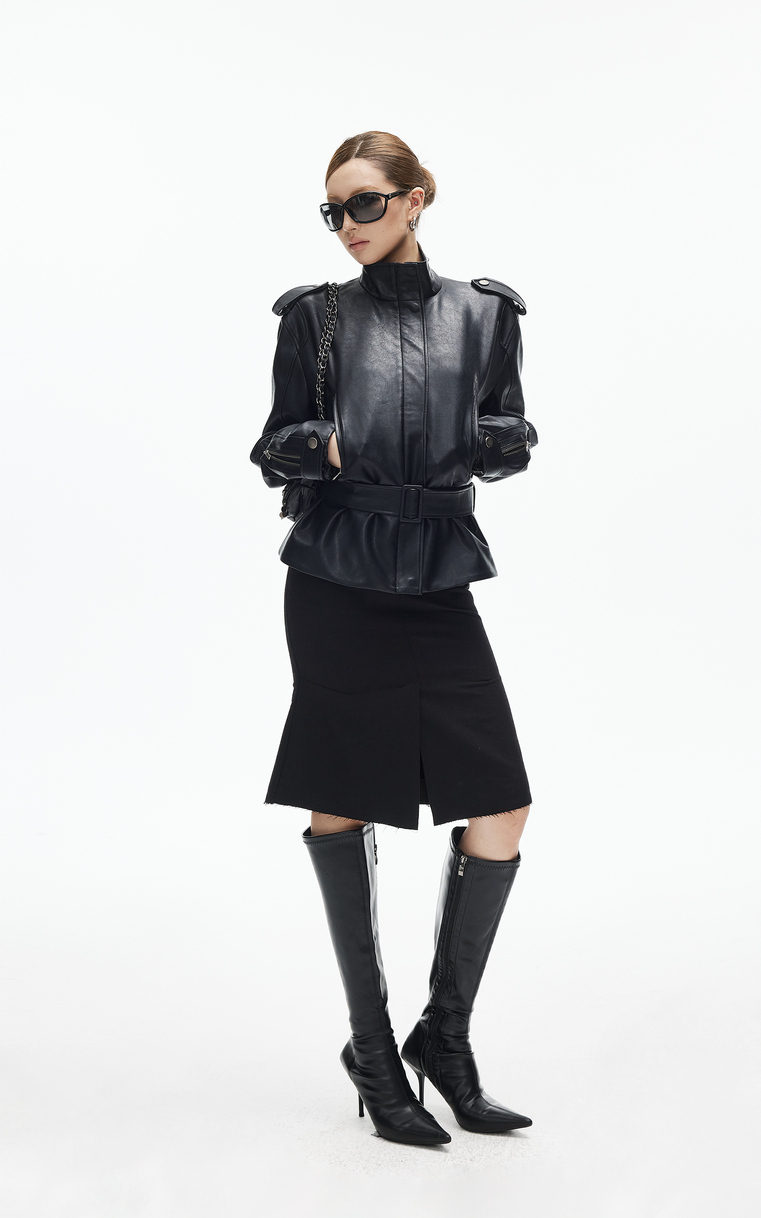 IAMXIAA Belted High-Neck Faux Leather Jacket