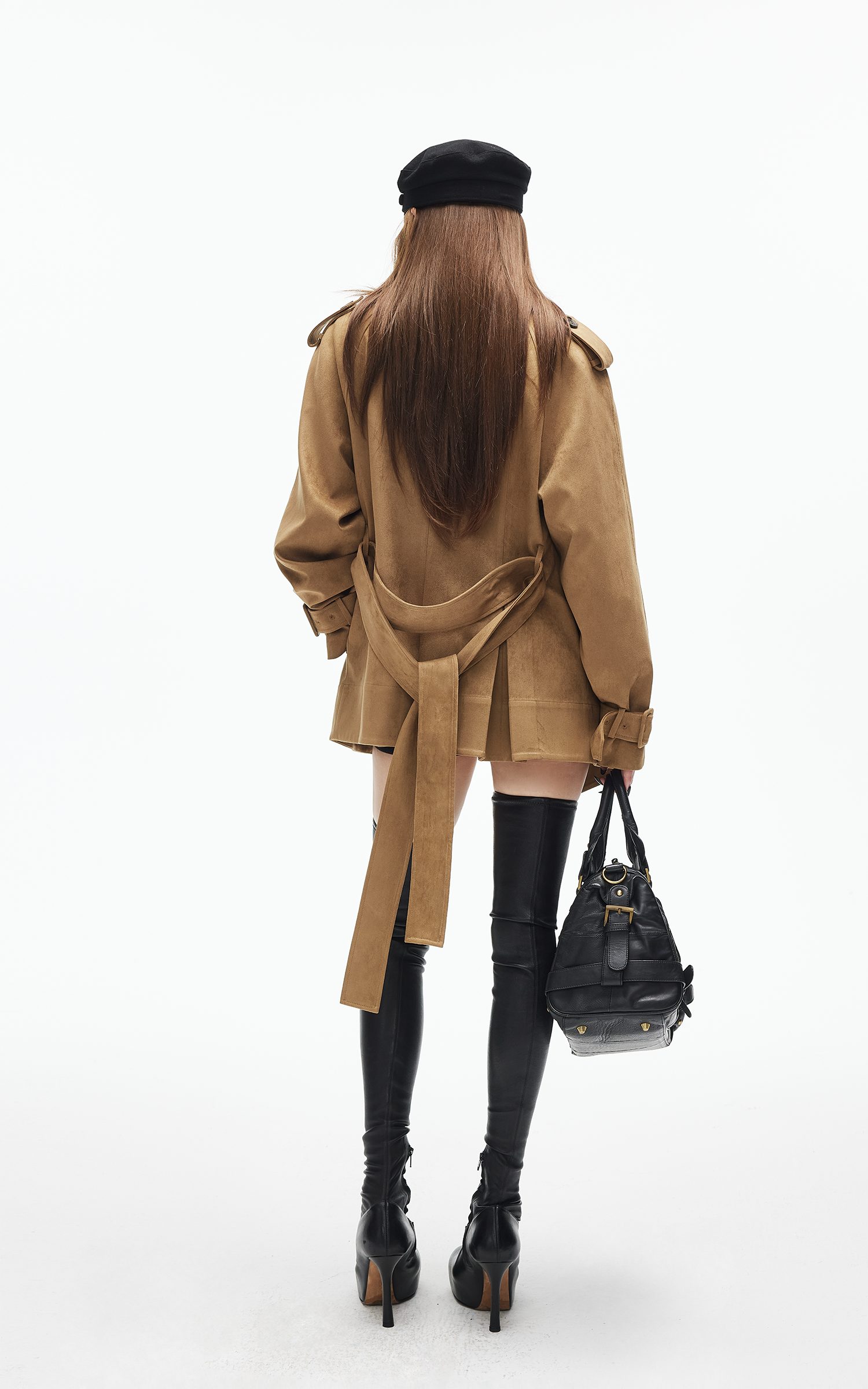 IAMXIAA Faux Suede Belted Jacket with Draped Lapel