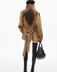 IAMXIAA Faux Suede Belted Jacket with Draped Lapel