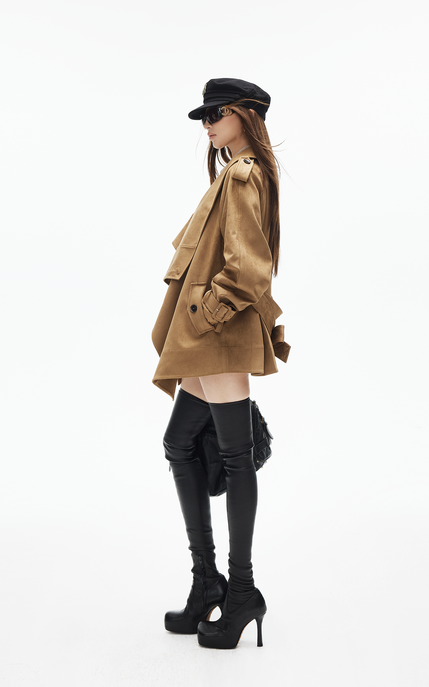 IAMXIAA Faux Suede Belted Jacket with Draped Lapel