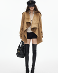 IAMXIAA Faux Suede Belted Jacket with Draped Lapel