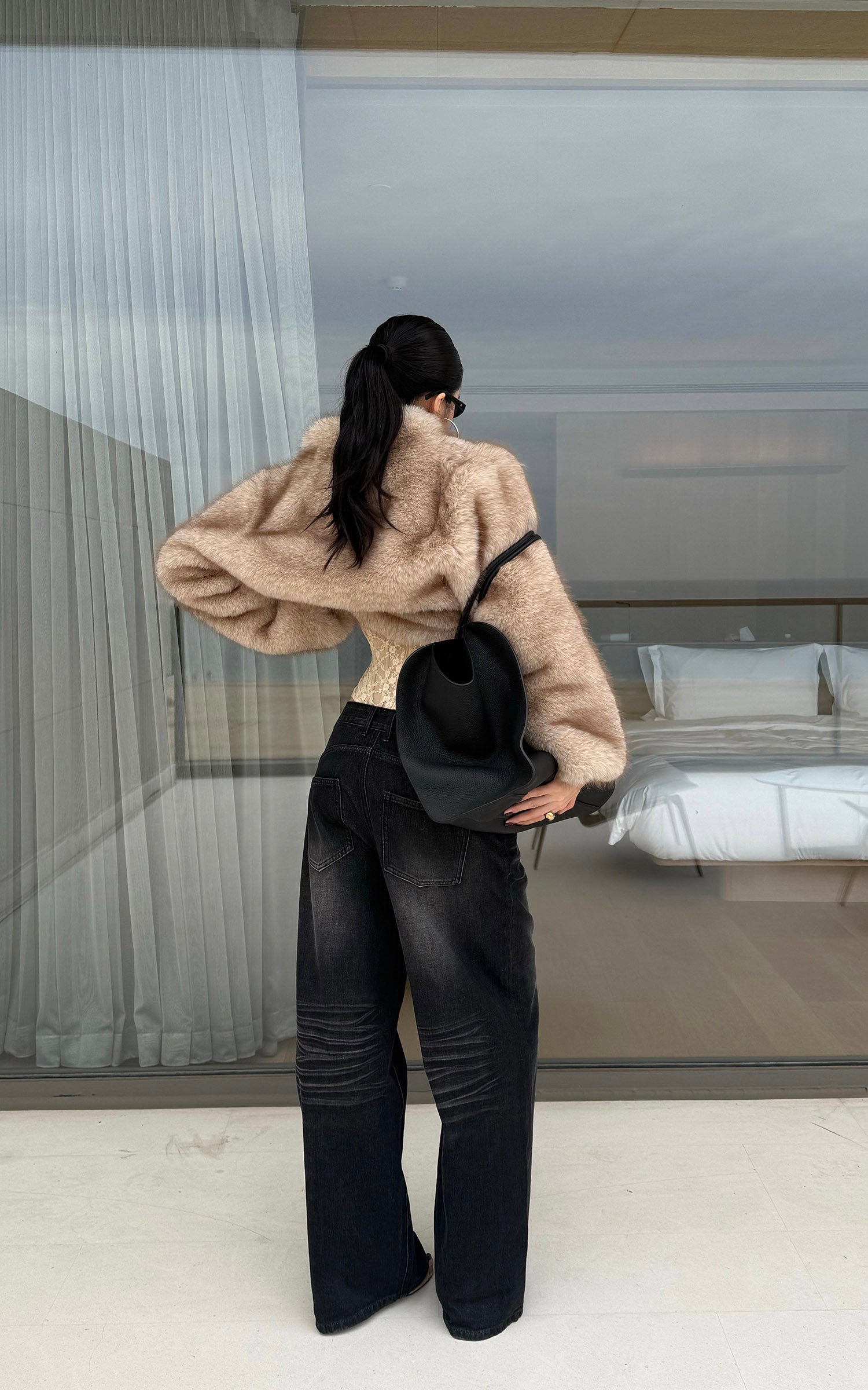 ROVENTE Washed Black Wide Leg Denim Pants