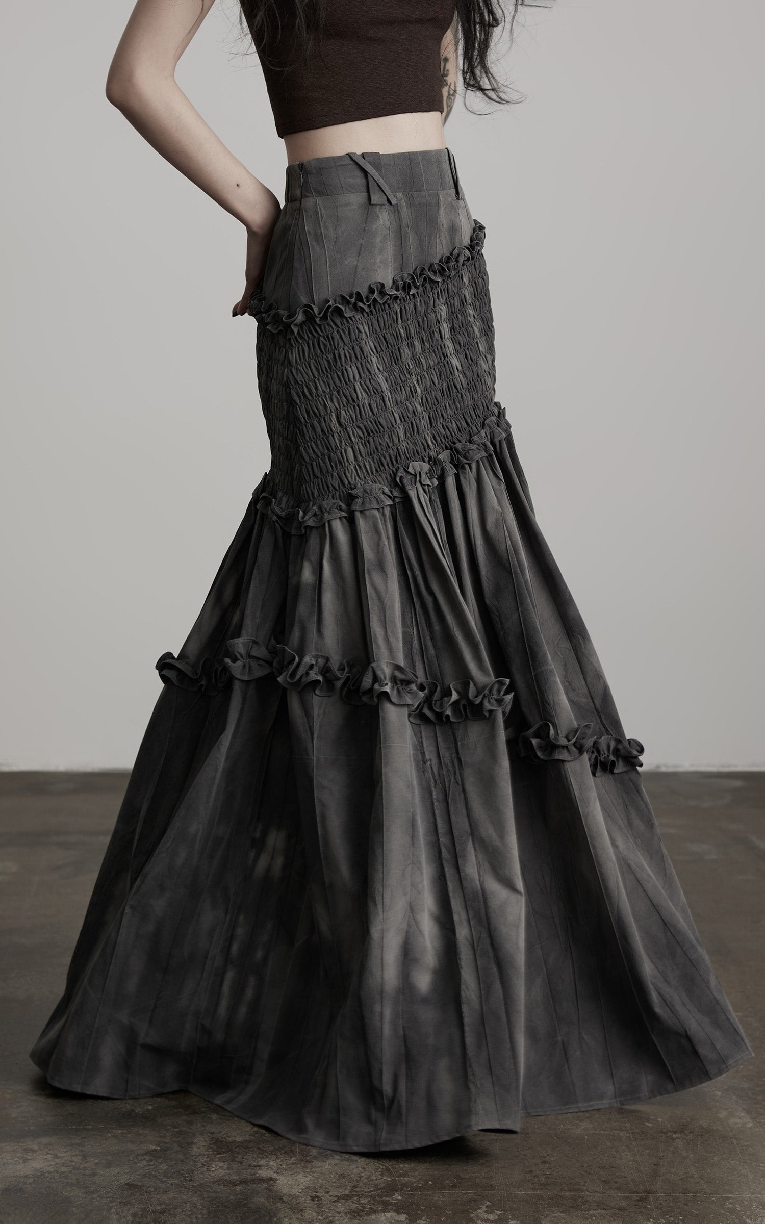 DOINDULGE Asymmetric Smocked Maxi Skirt