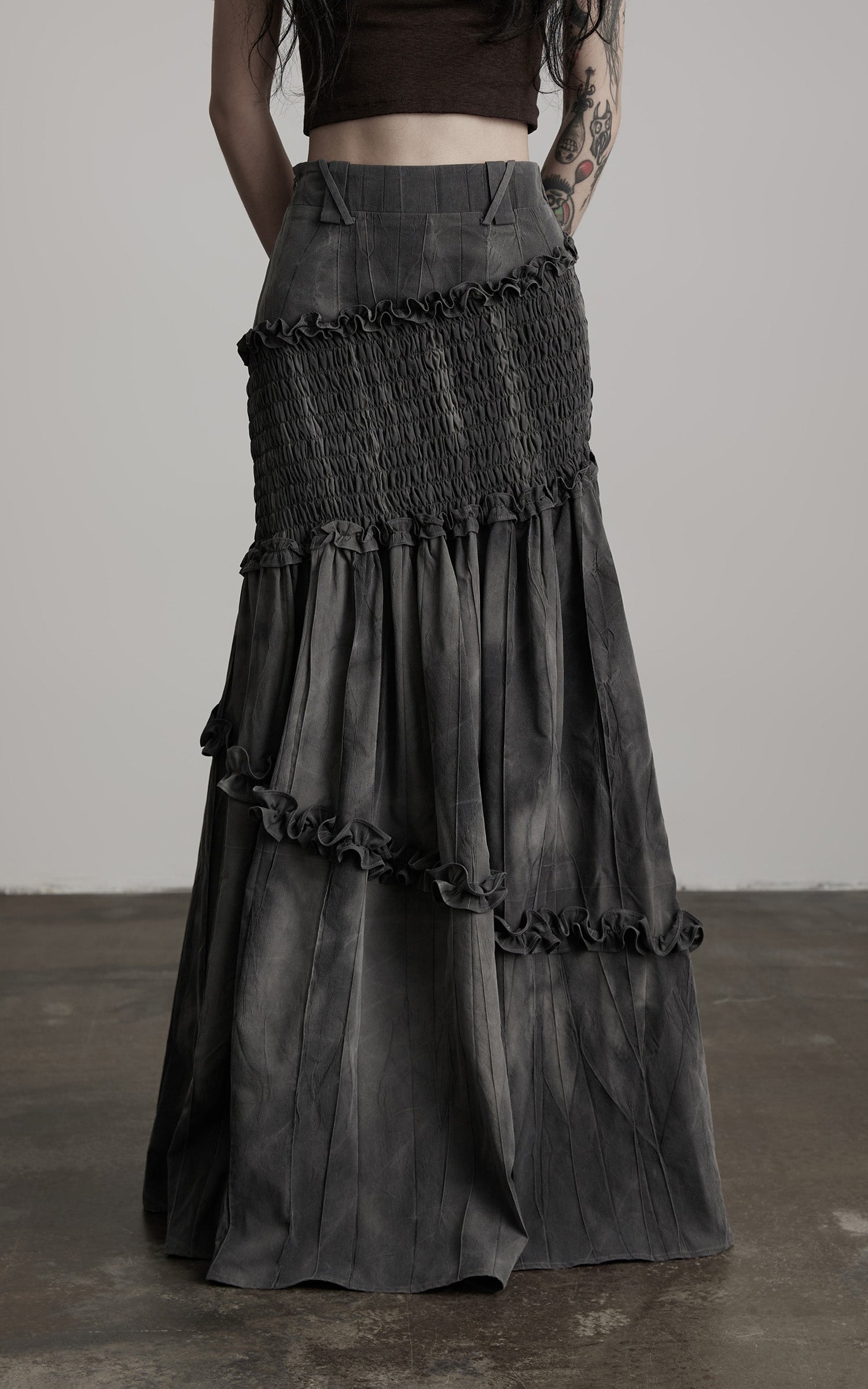 DOINDULGE Asymmetric Smocked Maxi Skirt