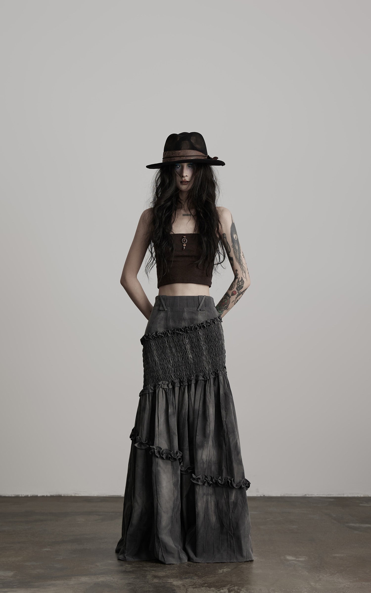 DOINDULGE Asymmetric Smocked Maxi Skirt