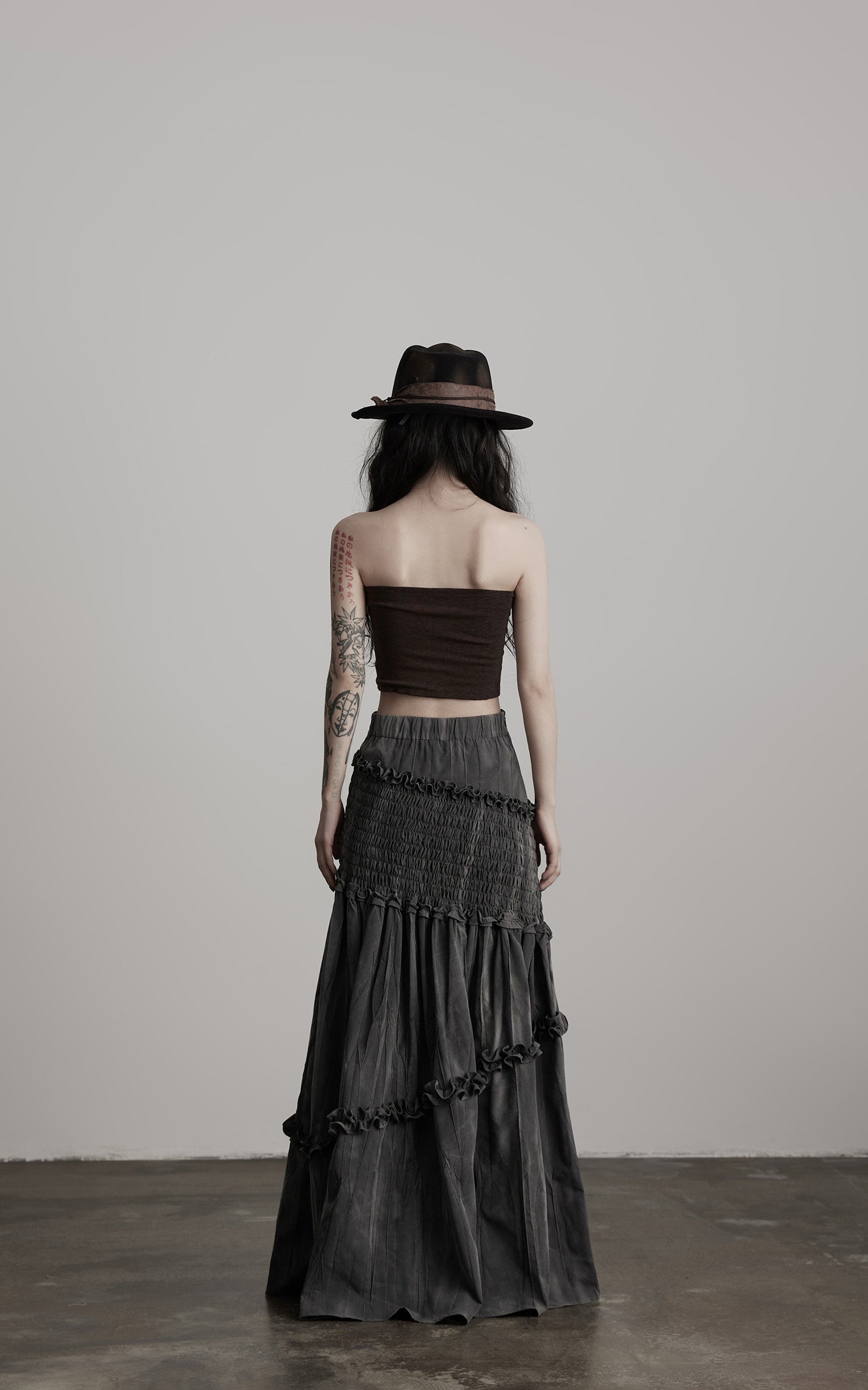 DOINDULGE Asymmetric Smocked Maxi Skirt