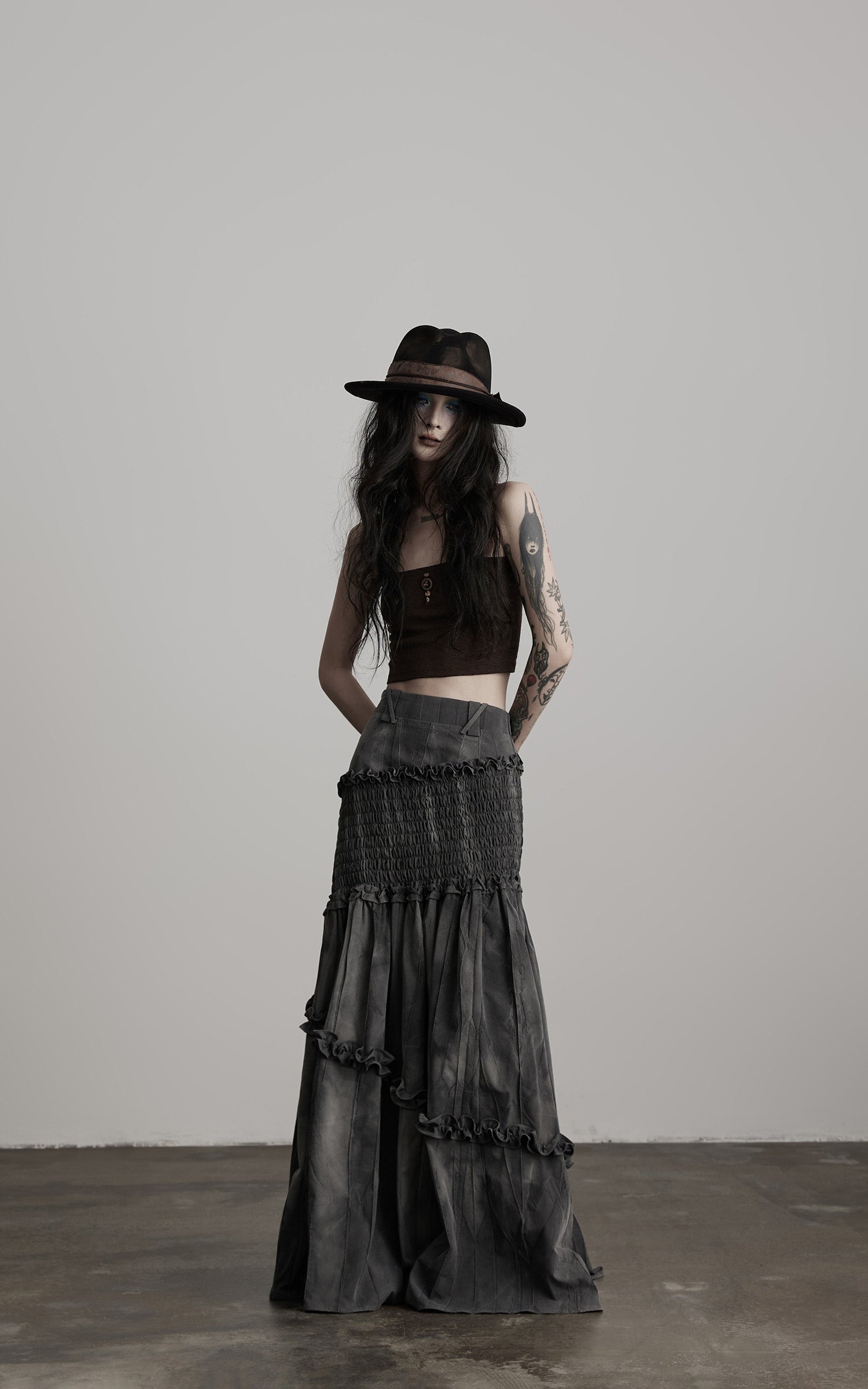 DOINDULGE Asymmetric Smocked Maxi Skirt