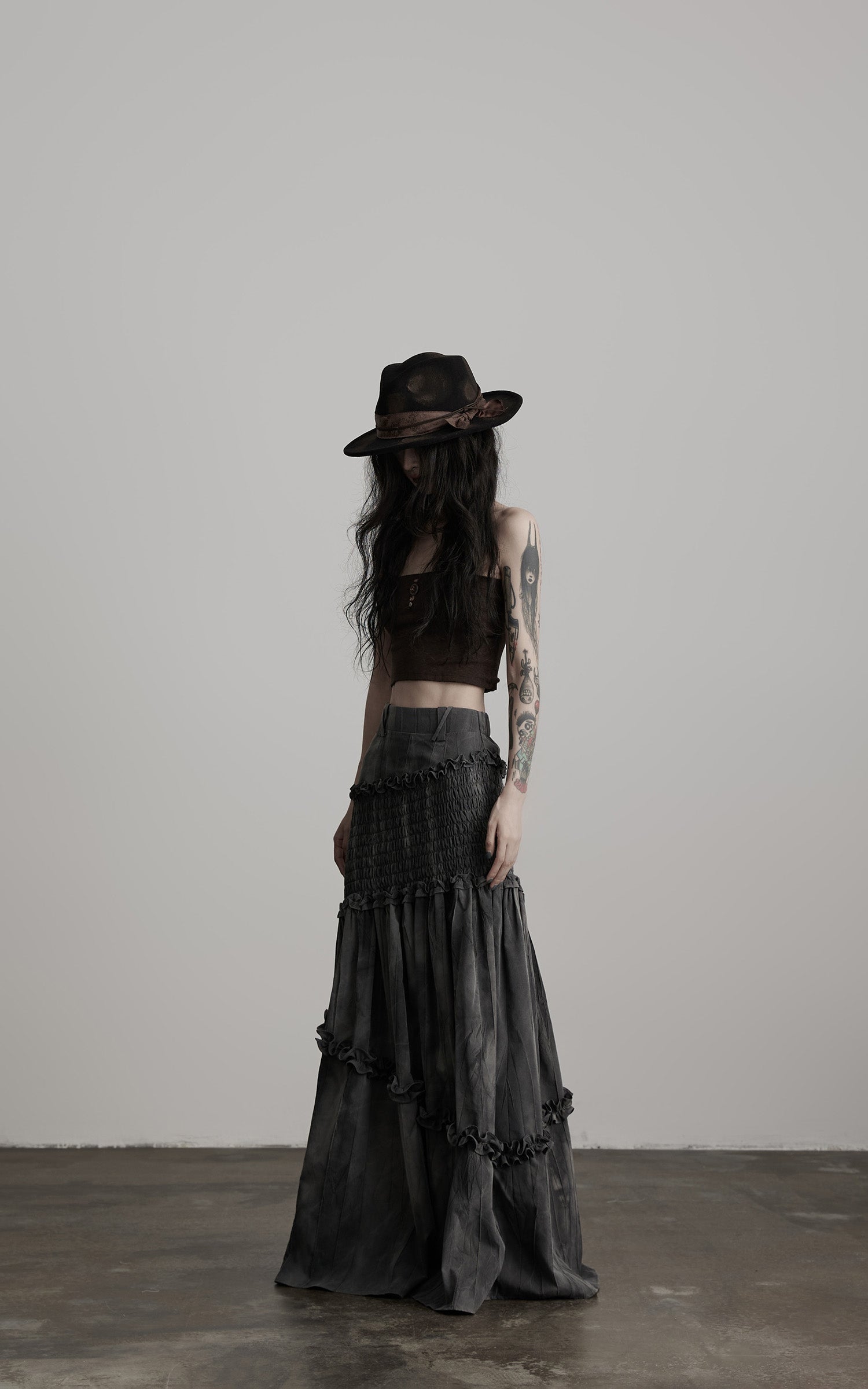 DOINDULGE Asymmetric Smocked Maxi Skirt