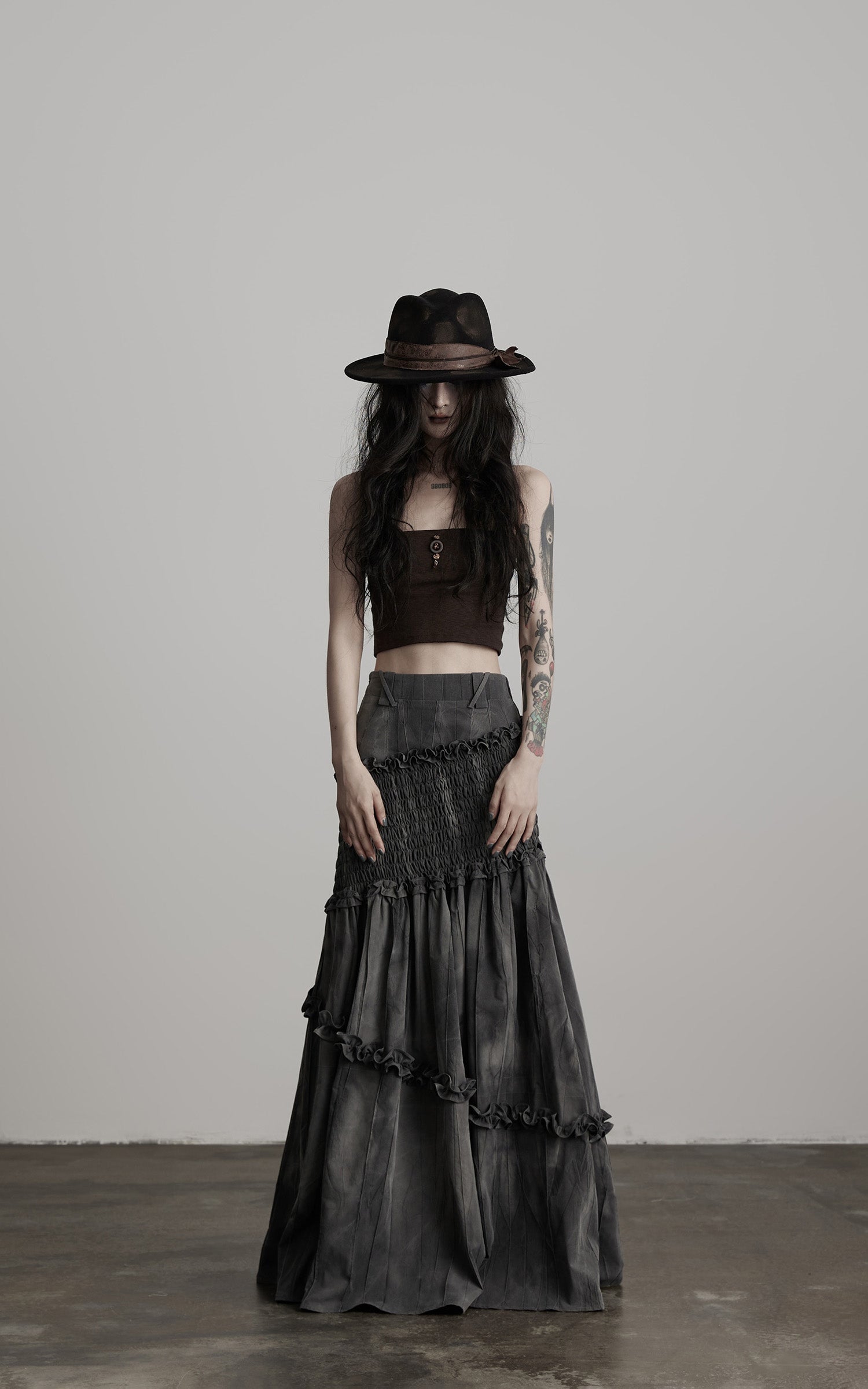 DOINDULGE Asymmetric Smocked Maxi Skirt