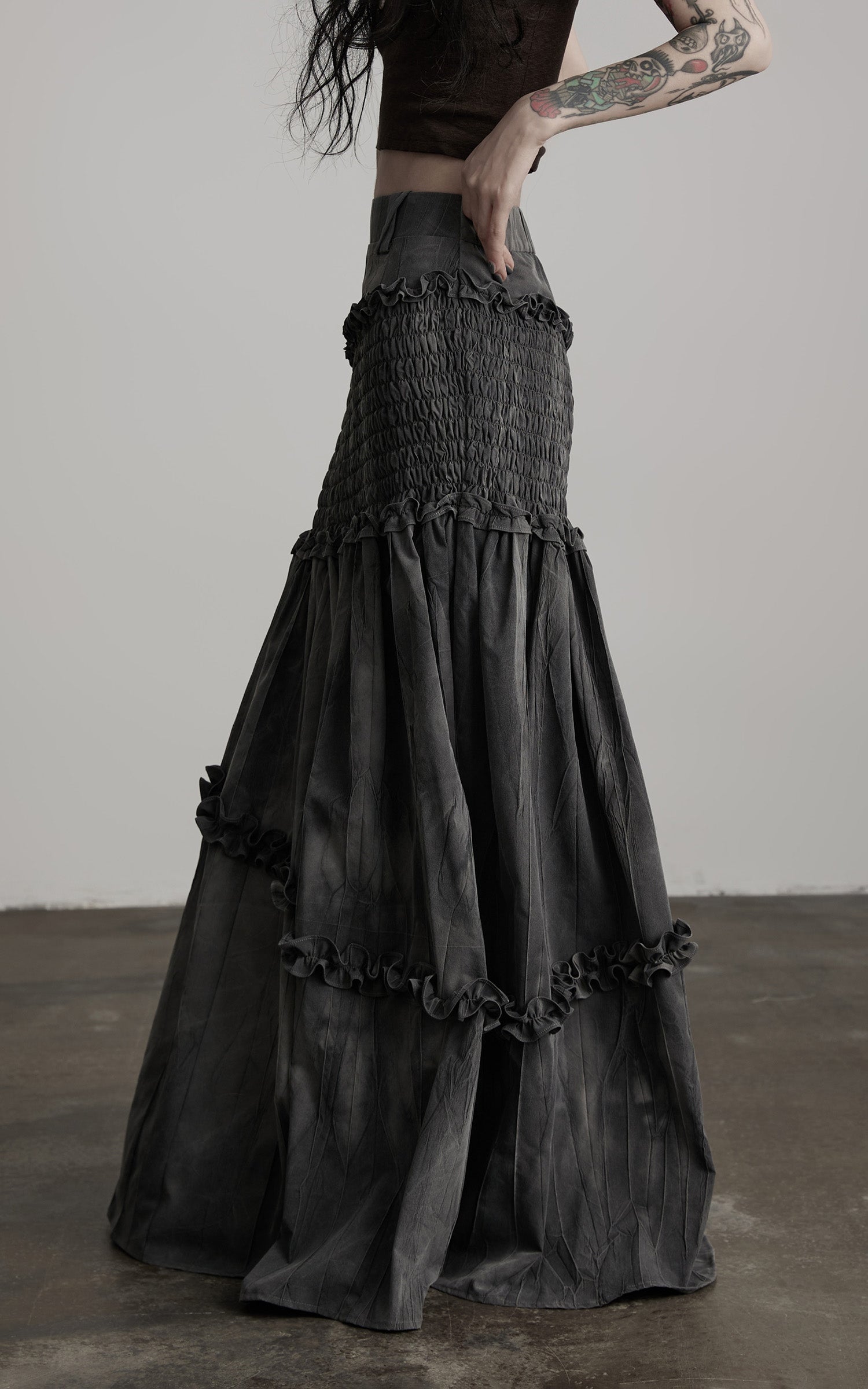 DOINDULGE Asymmetric Smocked Maxi Skirt