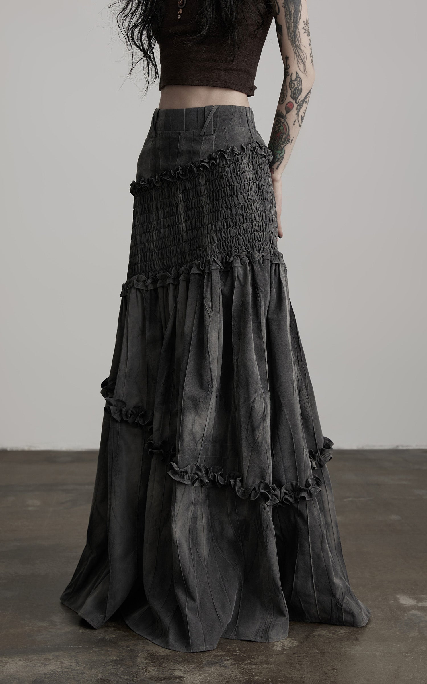 DOINDULGE Asymmetric Smocked Maxi Skirt