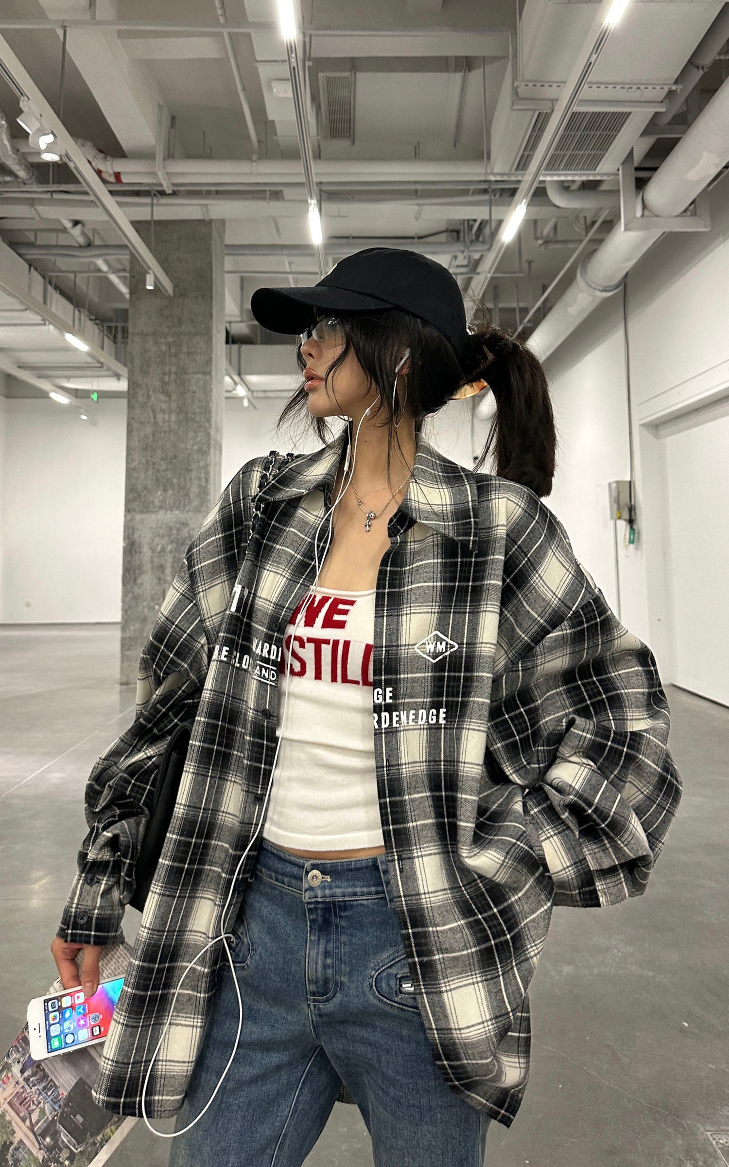 WARDEN EDGE Oversized Plaid Flannel Shirt with Graphic Print