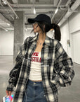 WARDEN EDGE Oversized Plaid Flannel Shirt with Graphic Print
