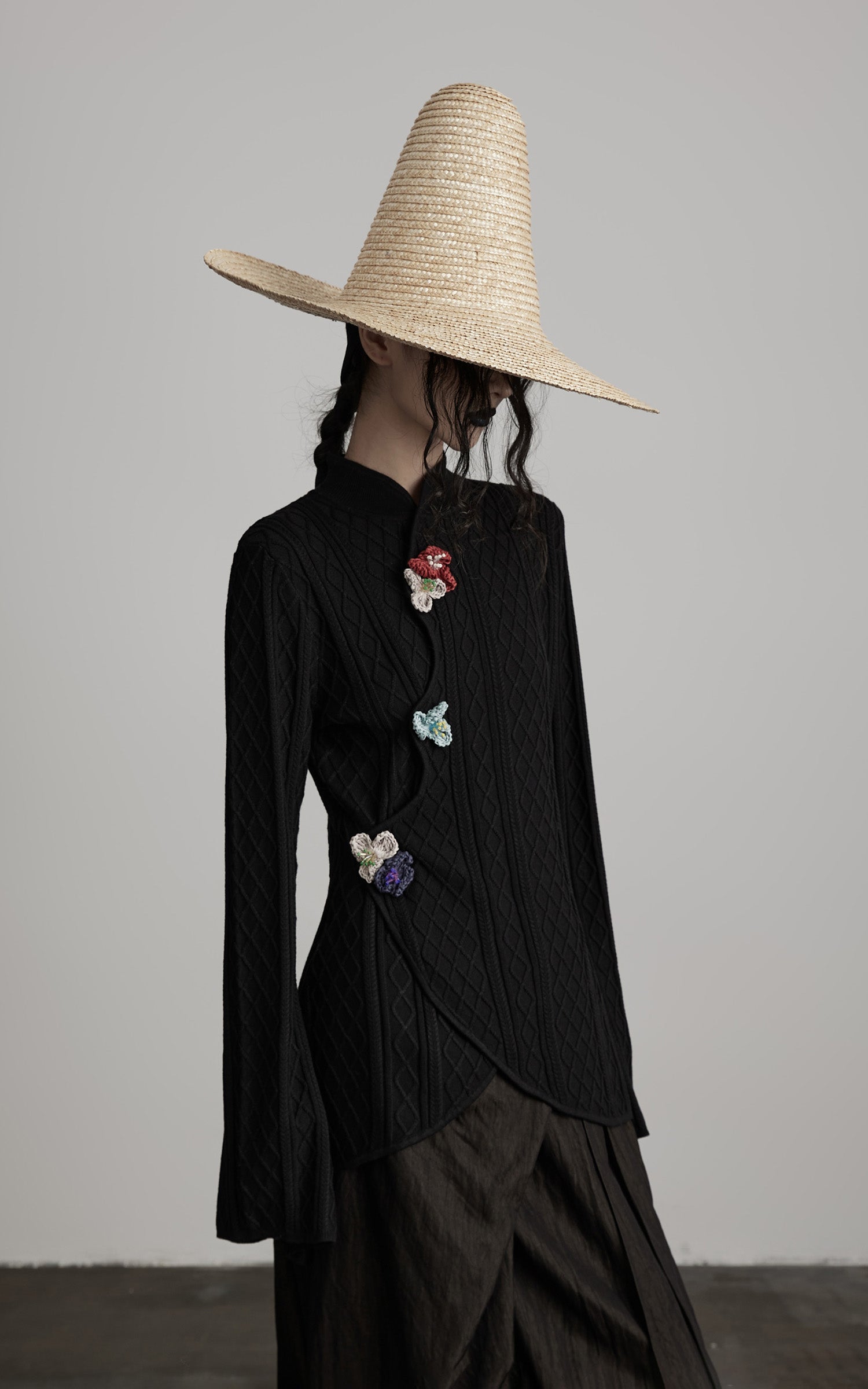 DOINDULGE Diamond Knit Asymmetric Top with Crochet Floral Details