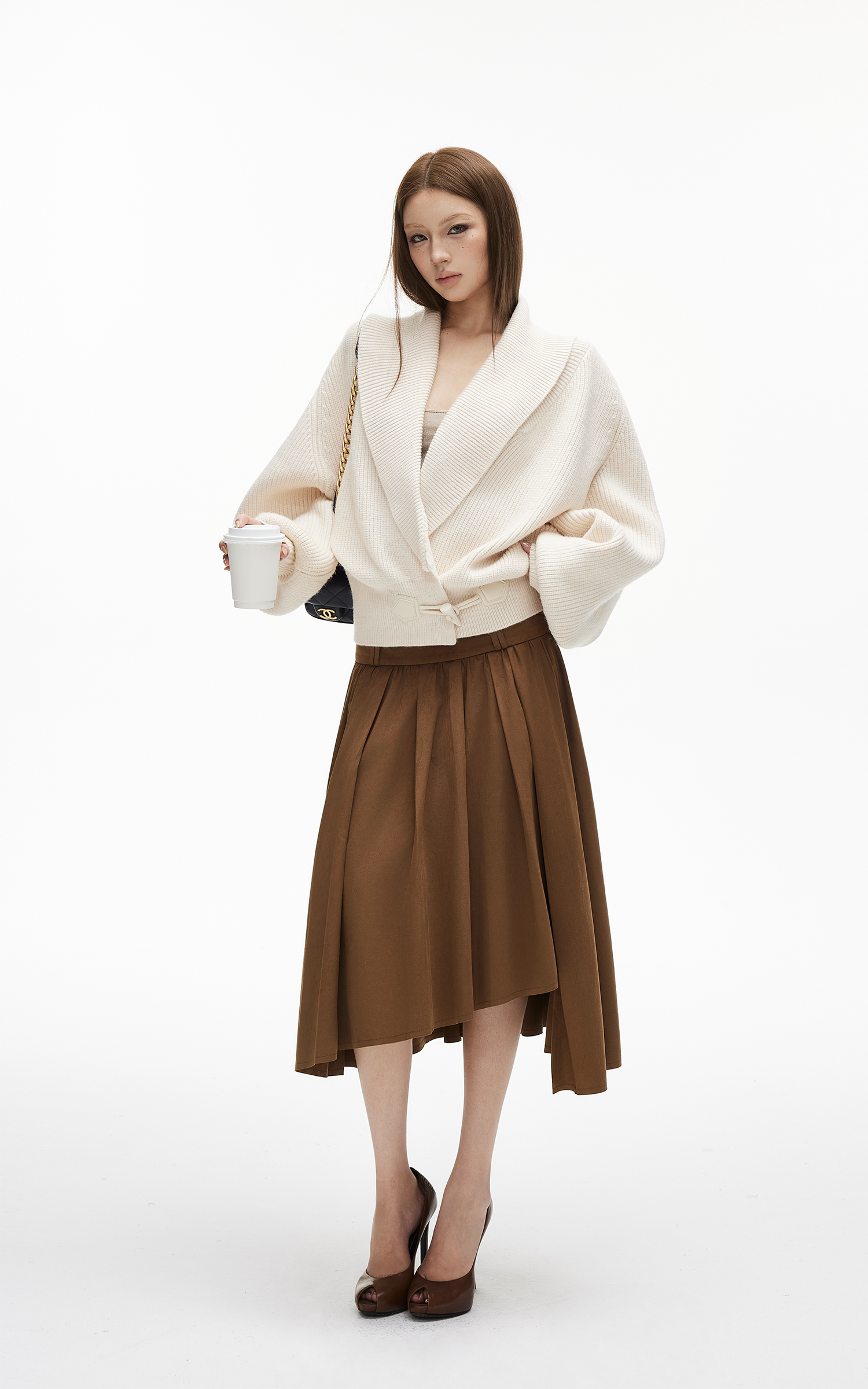 IAMXIAA Asymmetric Pleated Midi Skirt with High Waist Detail