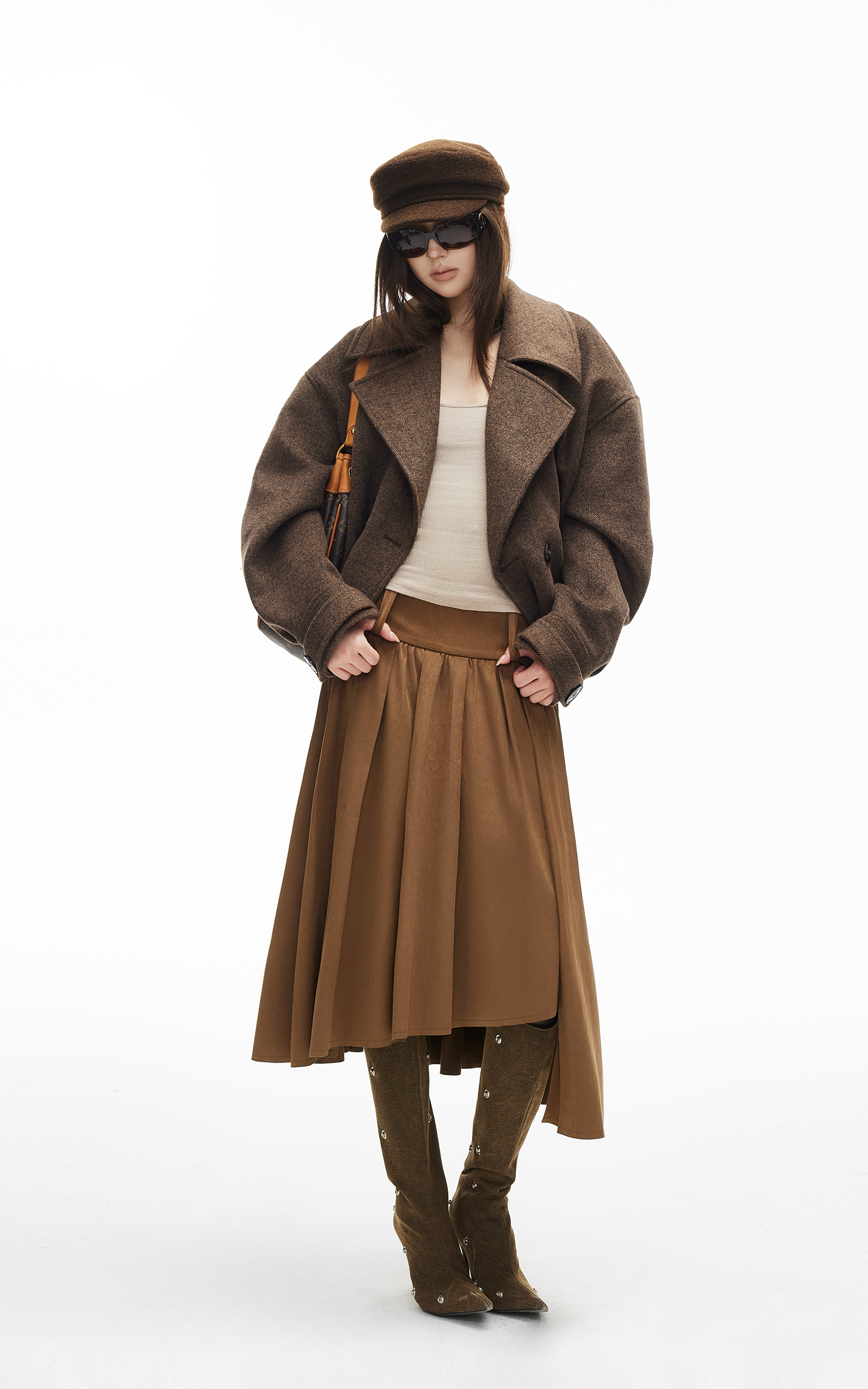 IAMXIAA Wool-Like Double-Breasted Cropped Jacket Women Short Lapel Coat