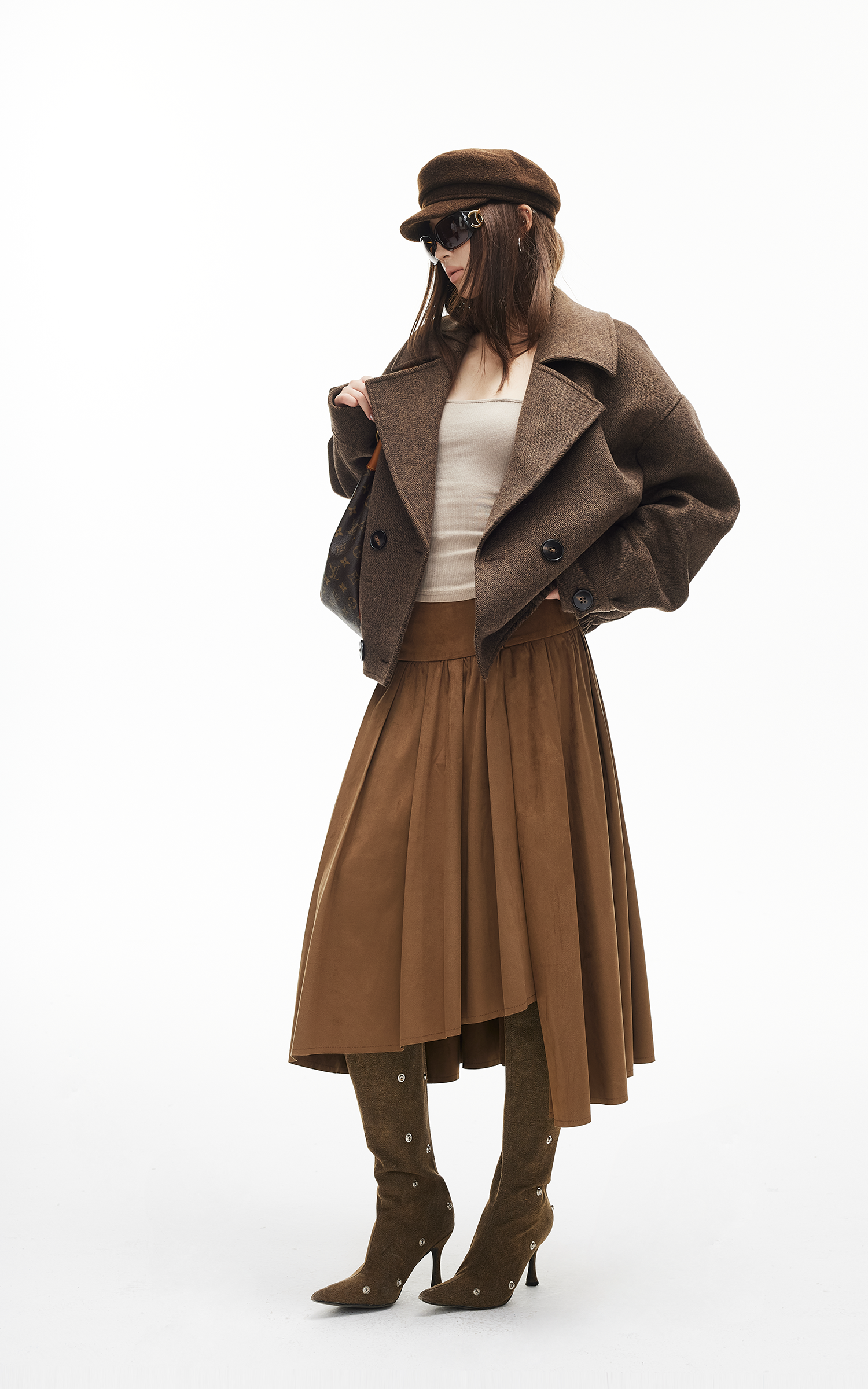 IAMXIAA Wool-Like Double-Breasted Cropped Jacket Women Short Lapel Coat