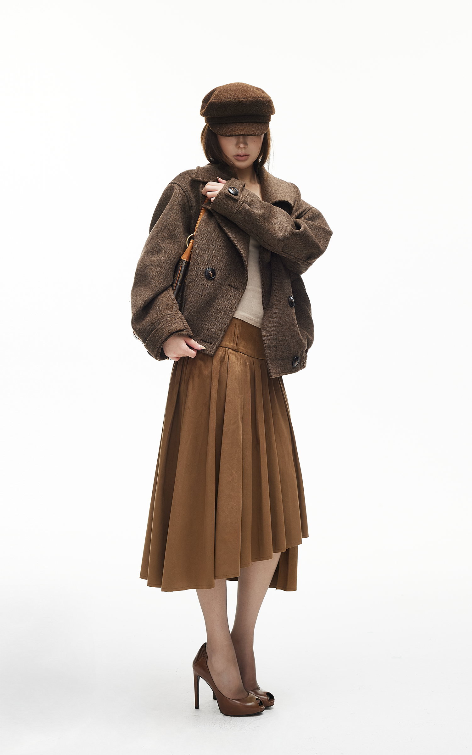 IAMXIAA Wool-Like Double-Breasted Cropped Jacket Women Short Lapel Coat