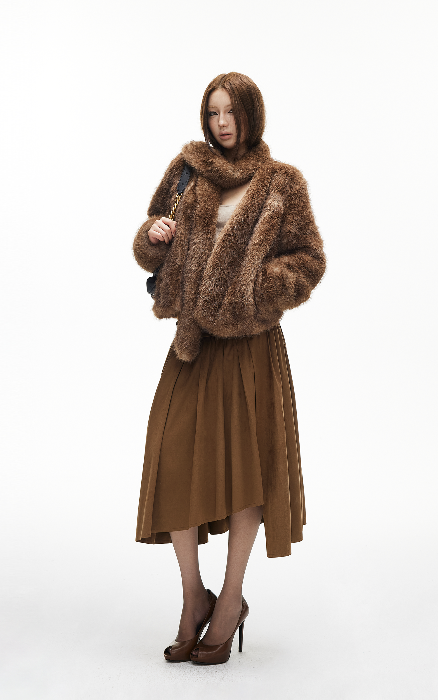 IAMXIAA Faux Fur Short Jacket with Attached Scarf Women Winter Plush Coat