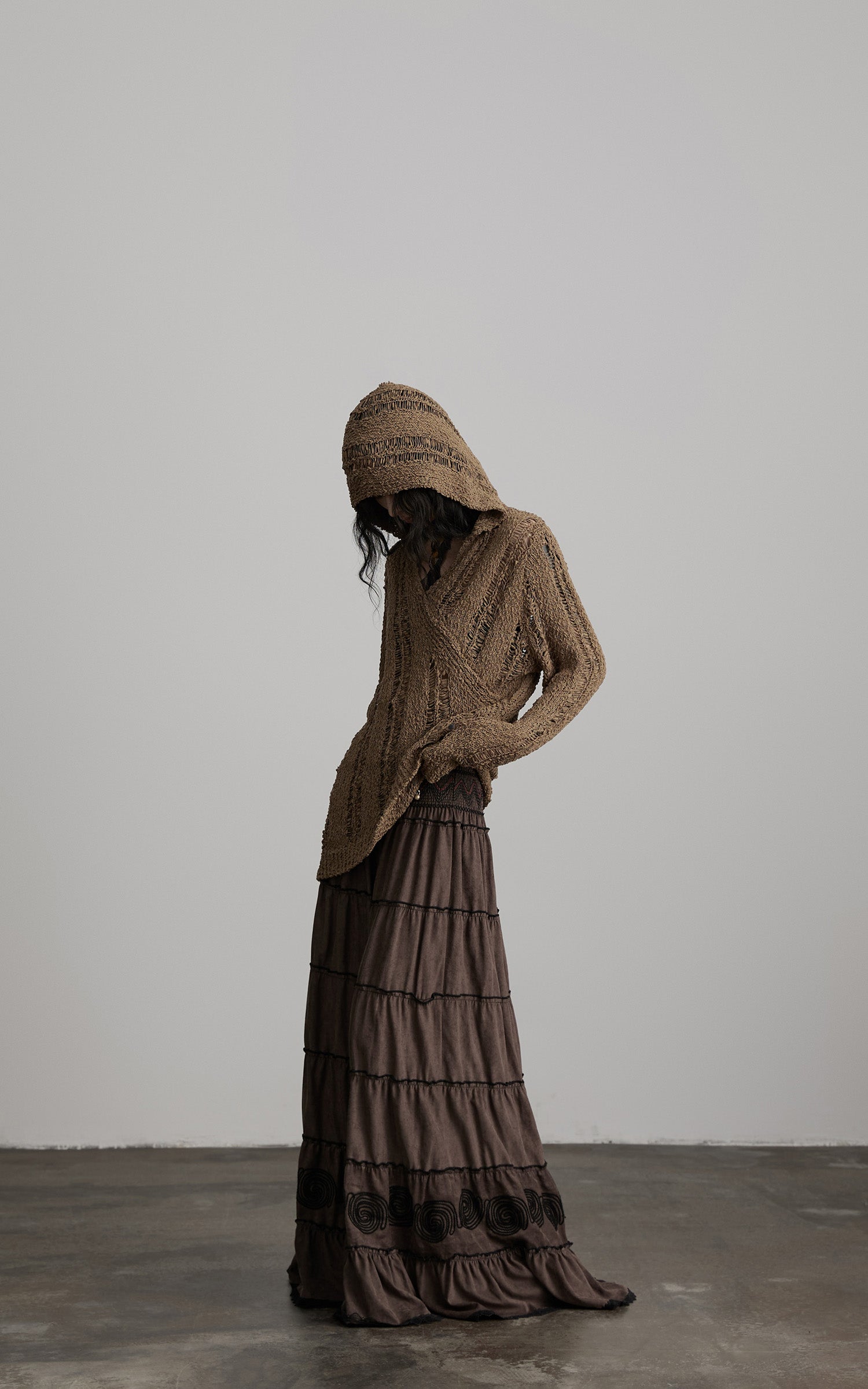 DOINDULGE Distressed Textured Hooded Knit Pullover