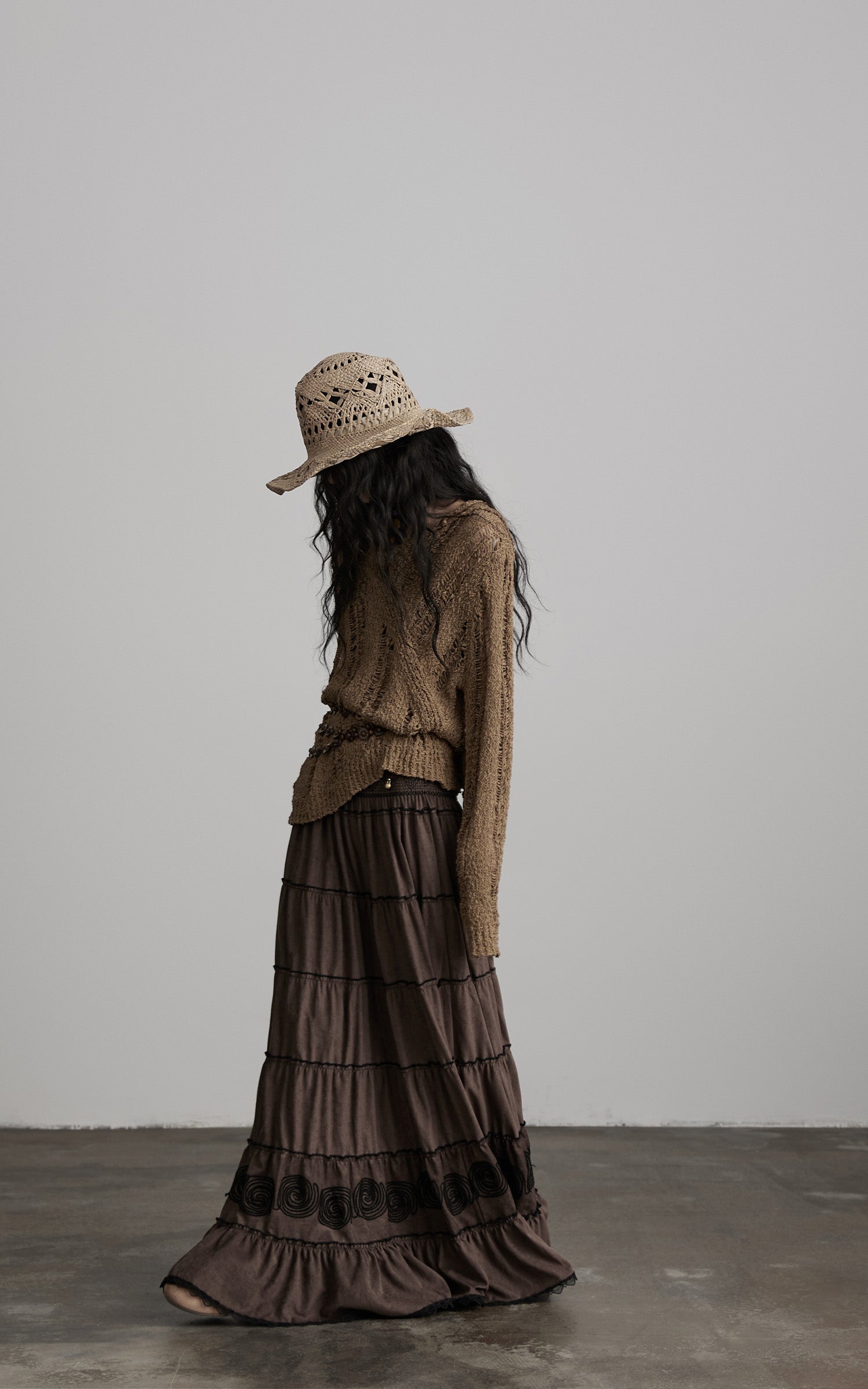 DOINDULGE Textured Tiered Maxi Skirt with Embroidery &amp; Smocked Waist