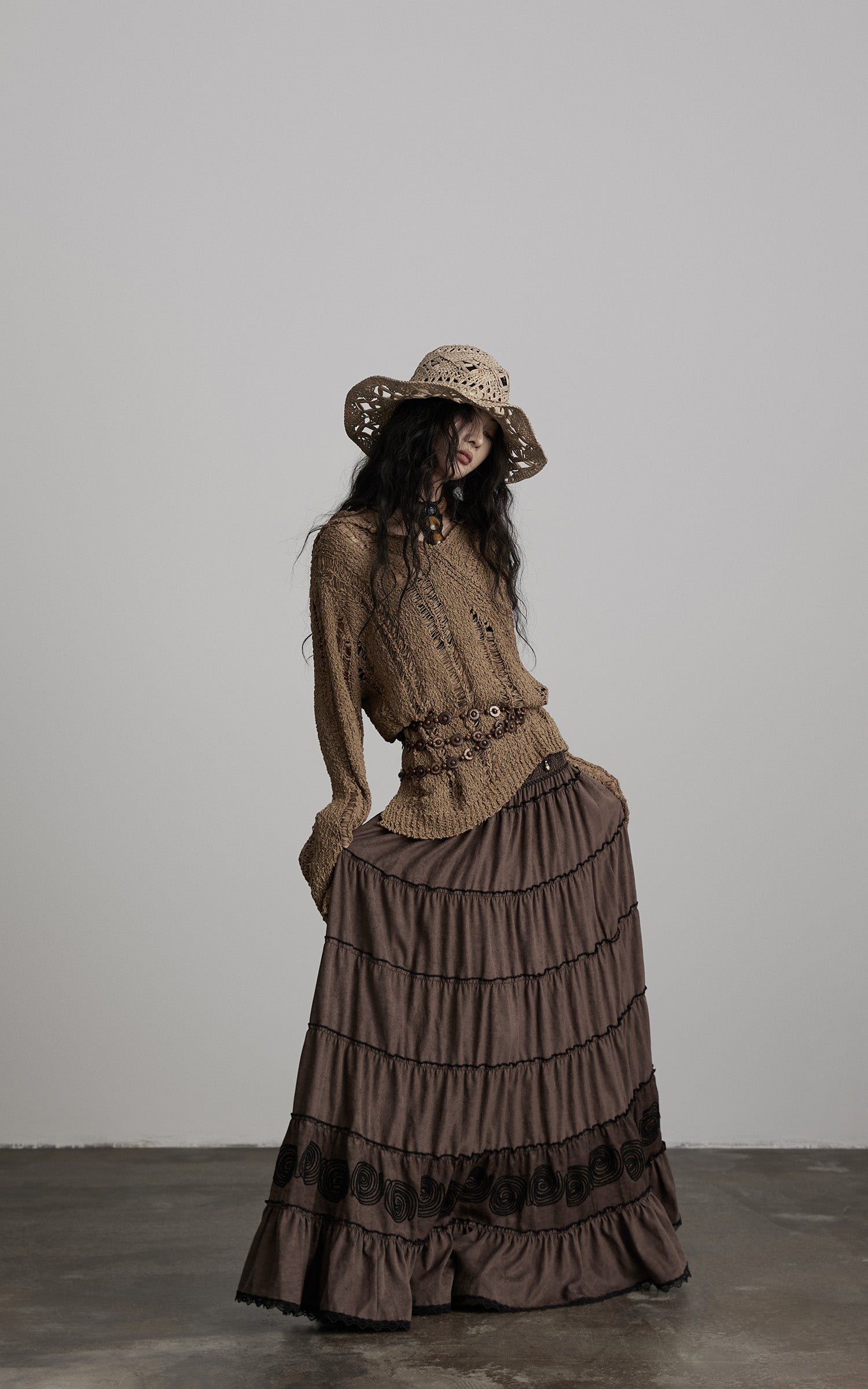 DOINDULGE Textured Tiered Maxi Skirt with Embroidery &amp; Smocked Waist