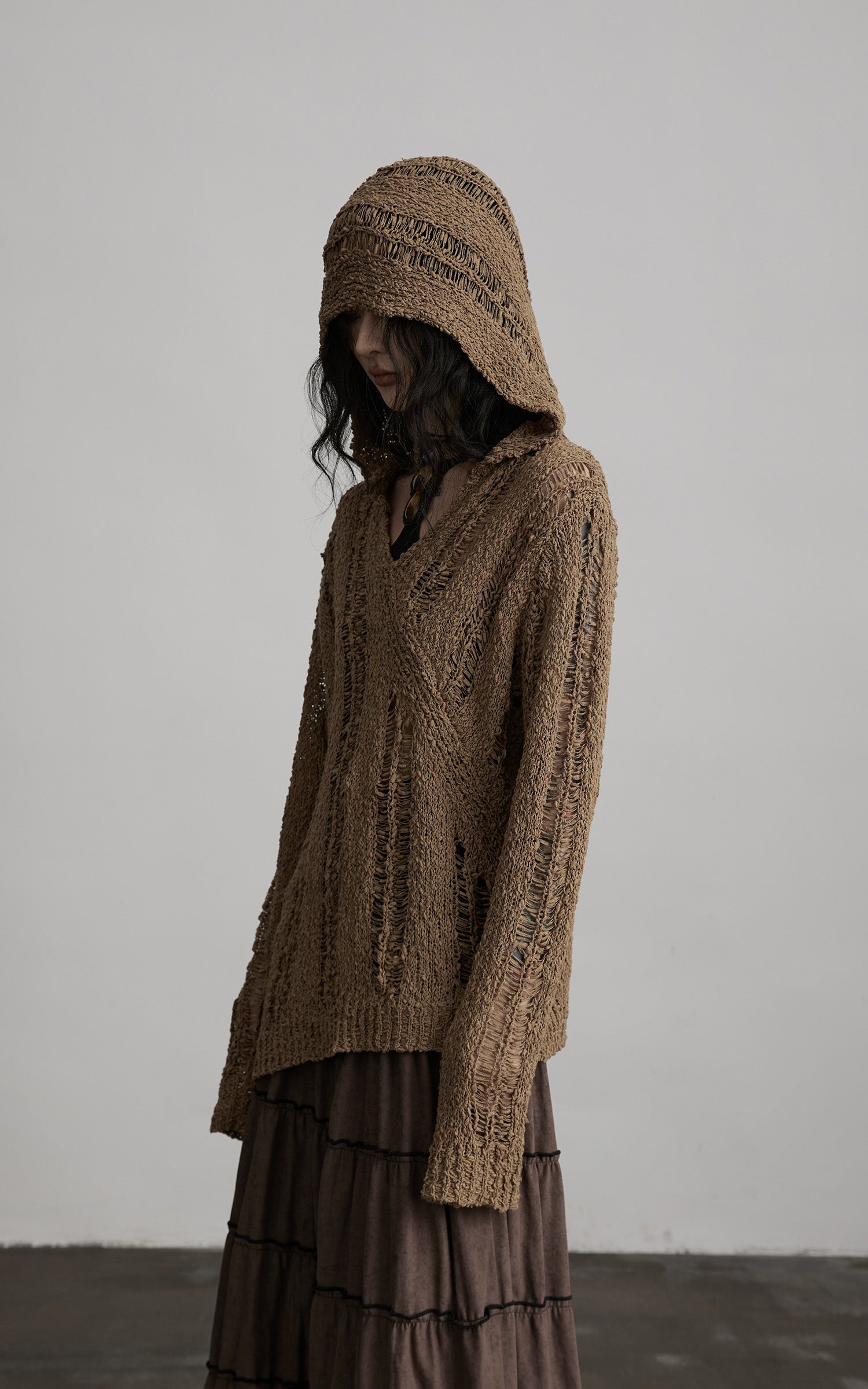 DOINDULGE Distressed Textured Hooded Knit Pullover
