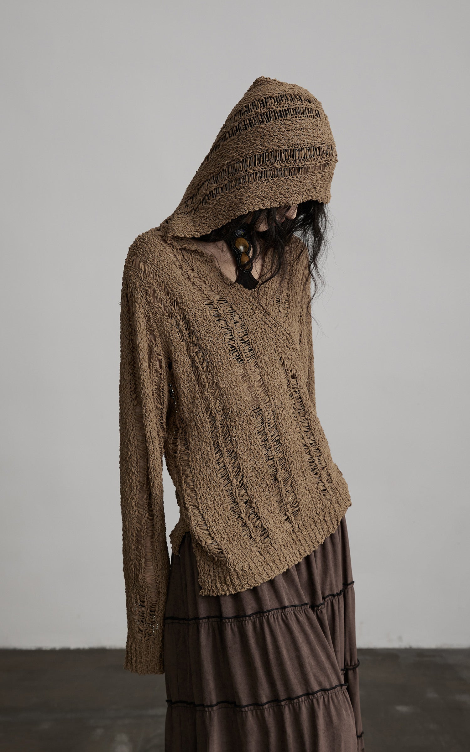 DOINDULGE Distressed Textured Hooded Knit Pullover