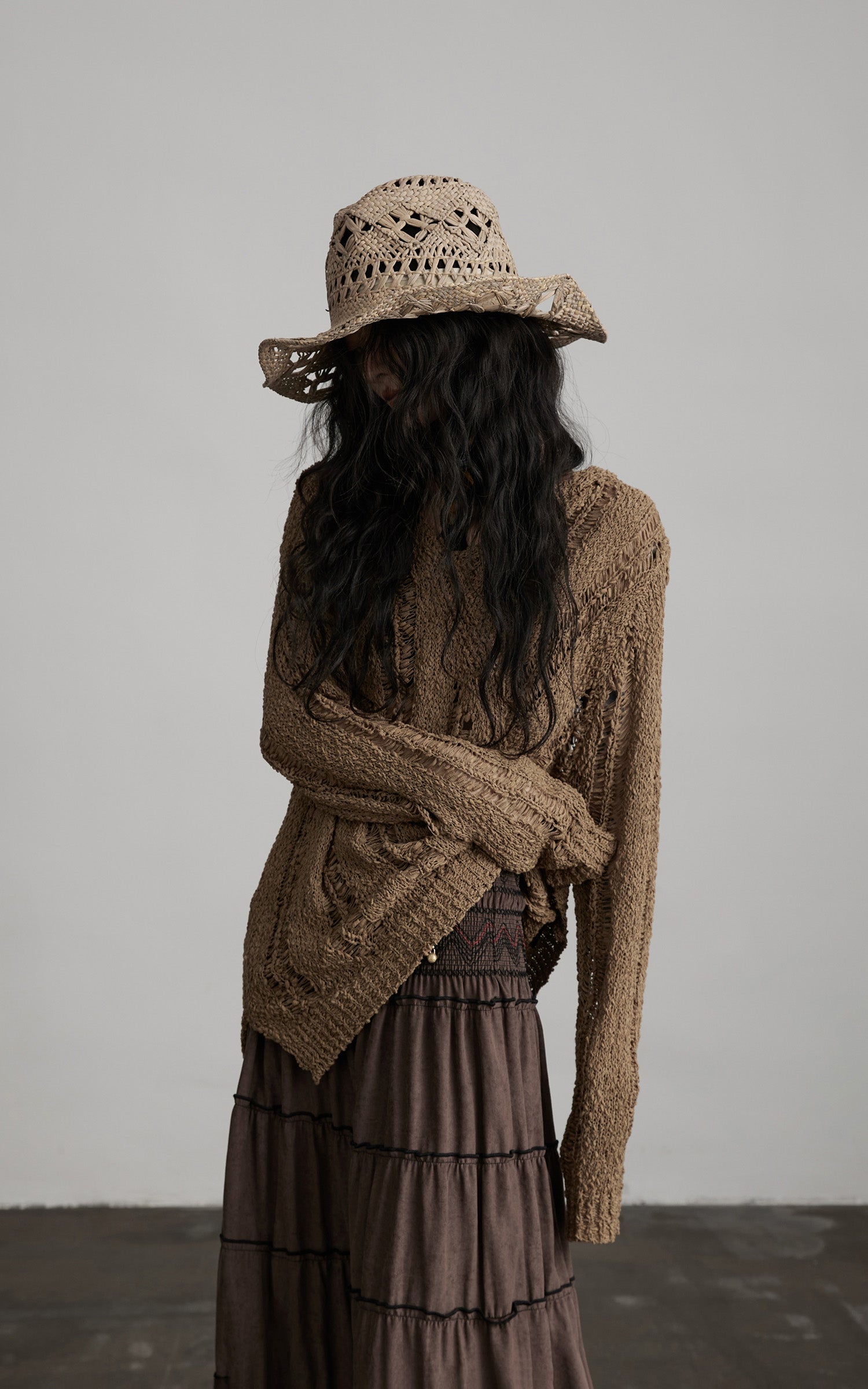 DOINDULGE Distressed Textured Hooded Knit Pullover