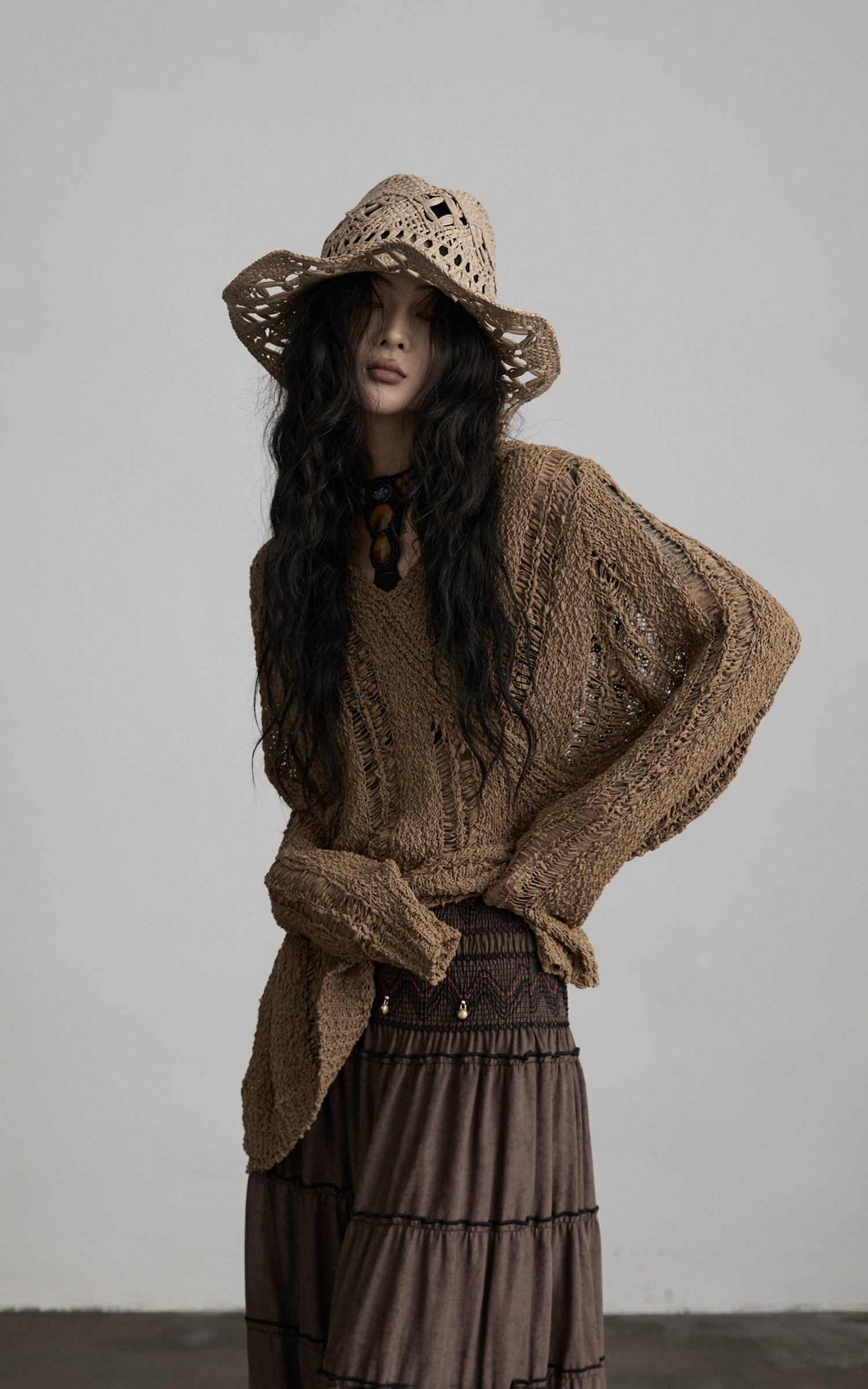 DOINDULGE Distressed Textured Hooded Knit Pullover
