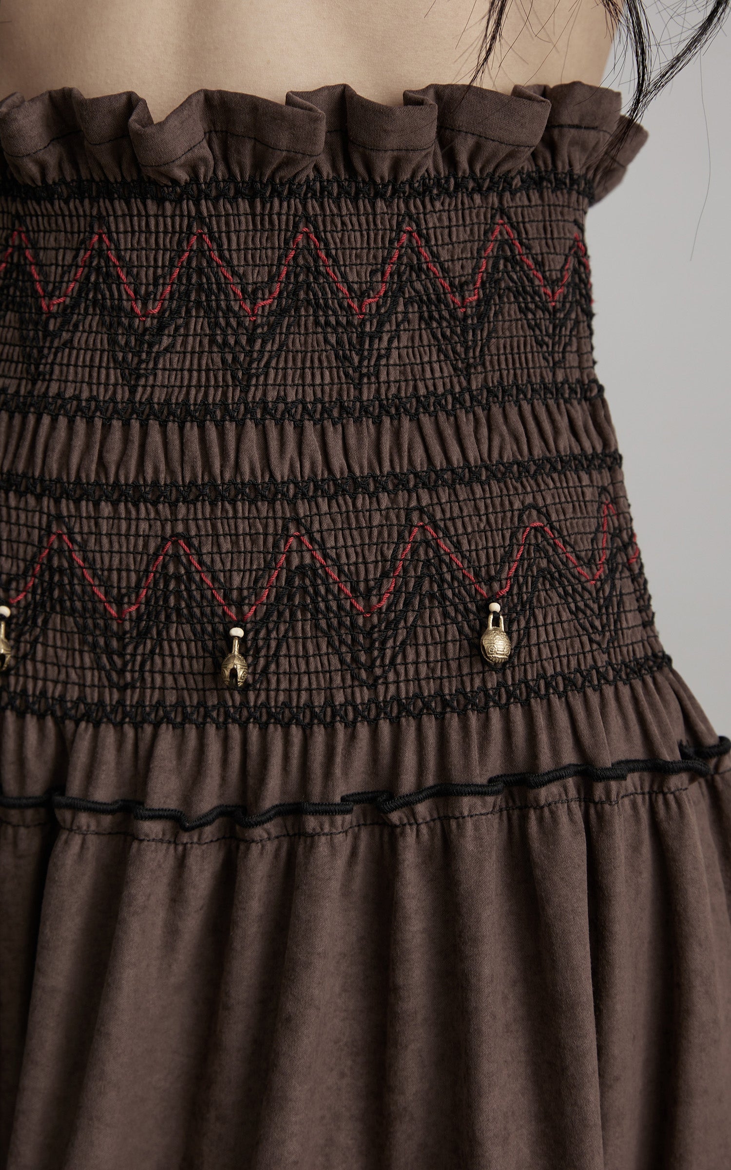 DOINDULGE Textured Tiered Maxi Skirt with Embroidery &amp; Smocked Waist