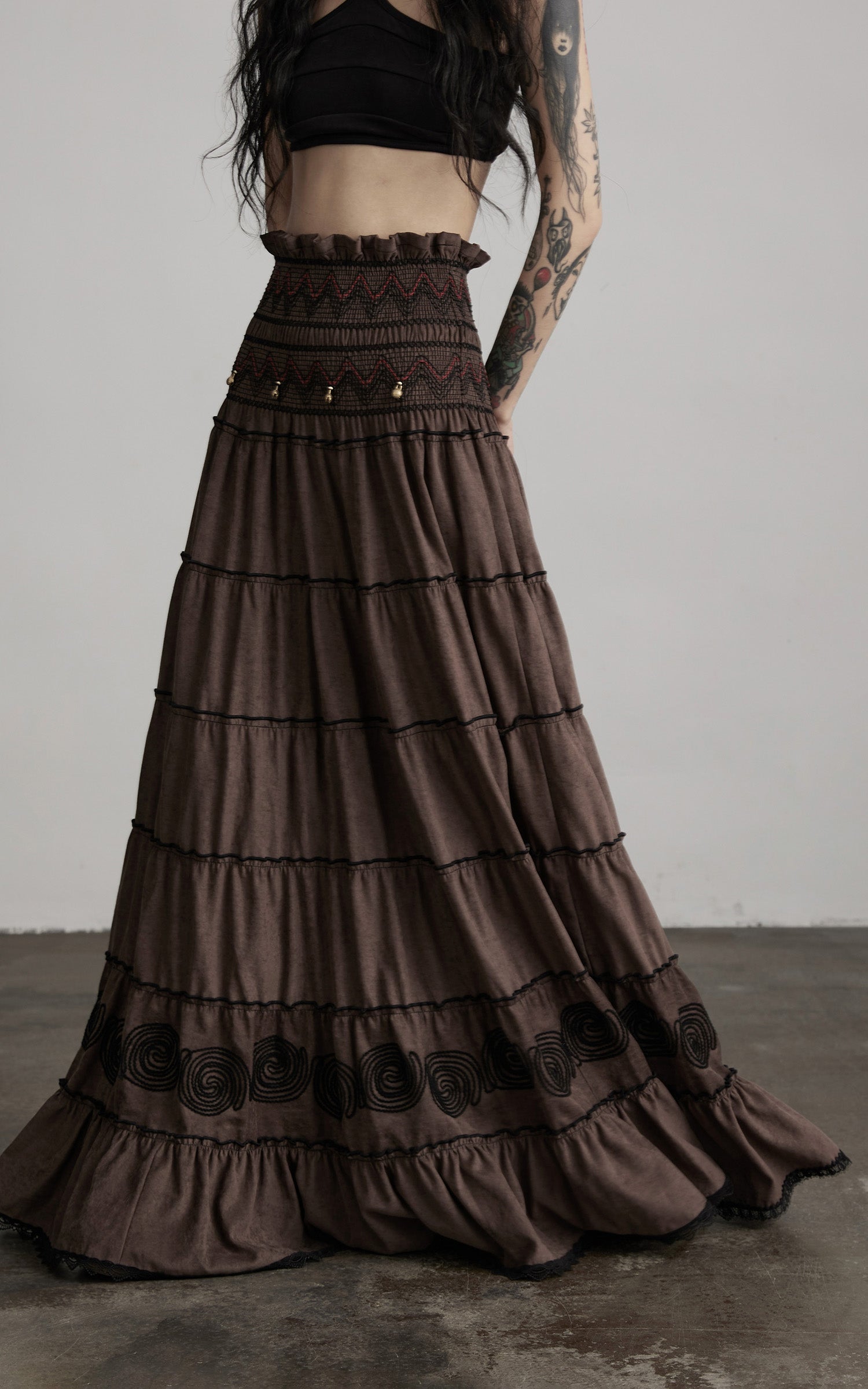 DOINDULGE Textured Tiered Maxi Skirt with Embroidery &amp; Smocked Waist