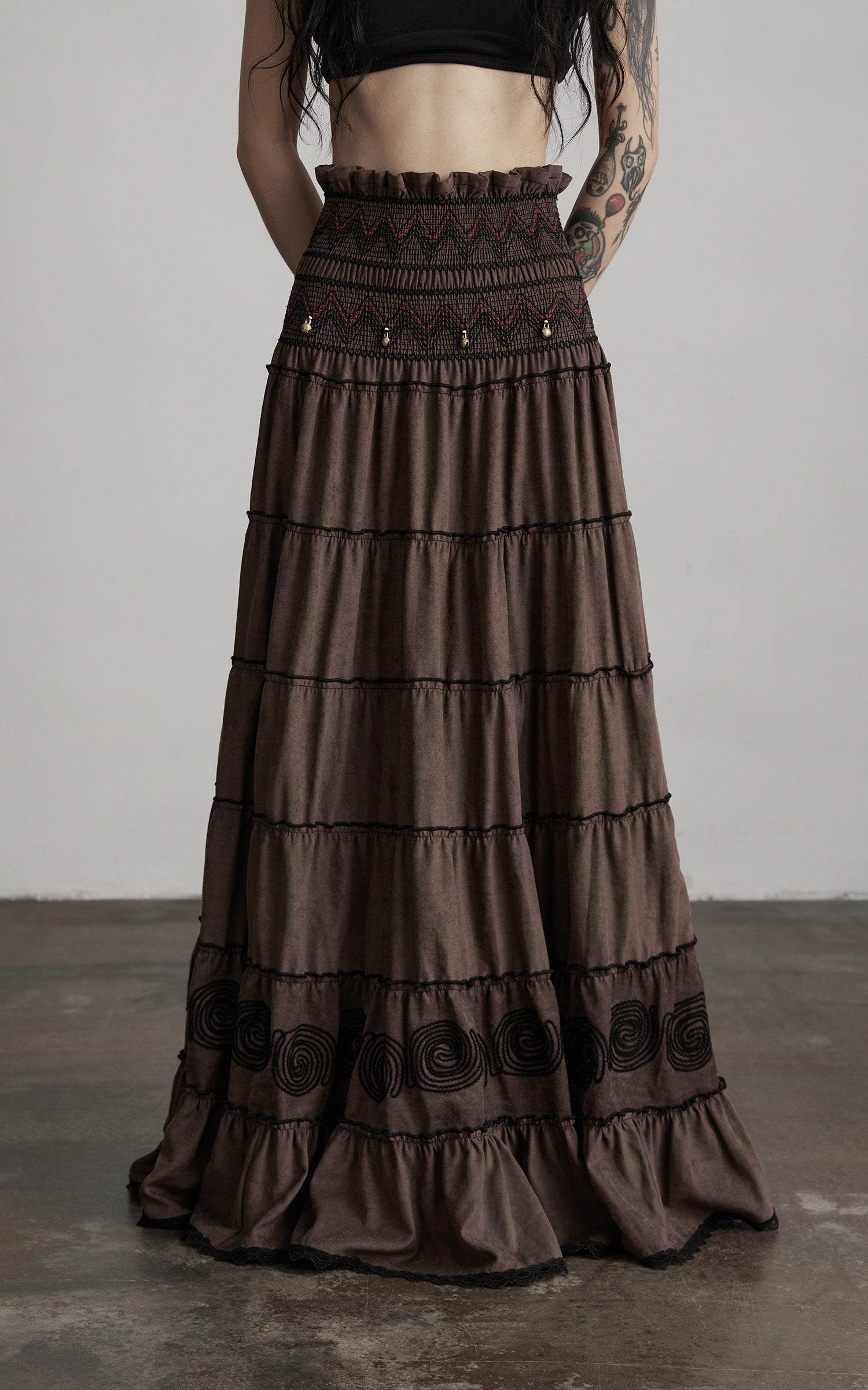 DOINDULGE Textured Tiered Maxi Skirt with Embroidery &amp; Smocked Waist