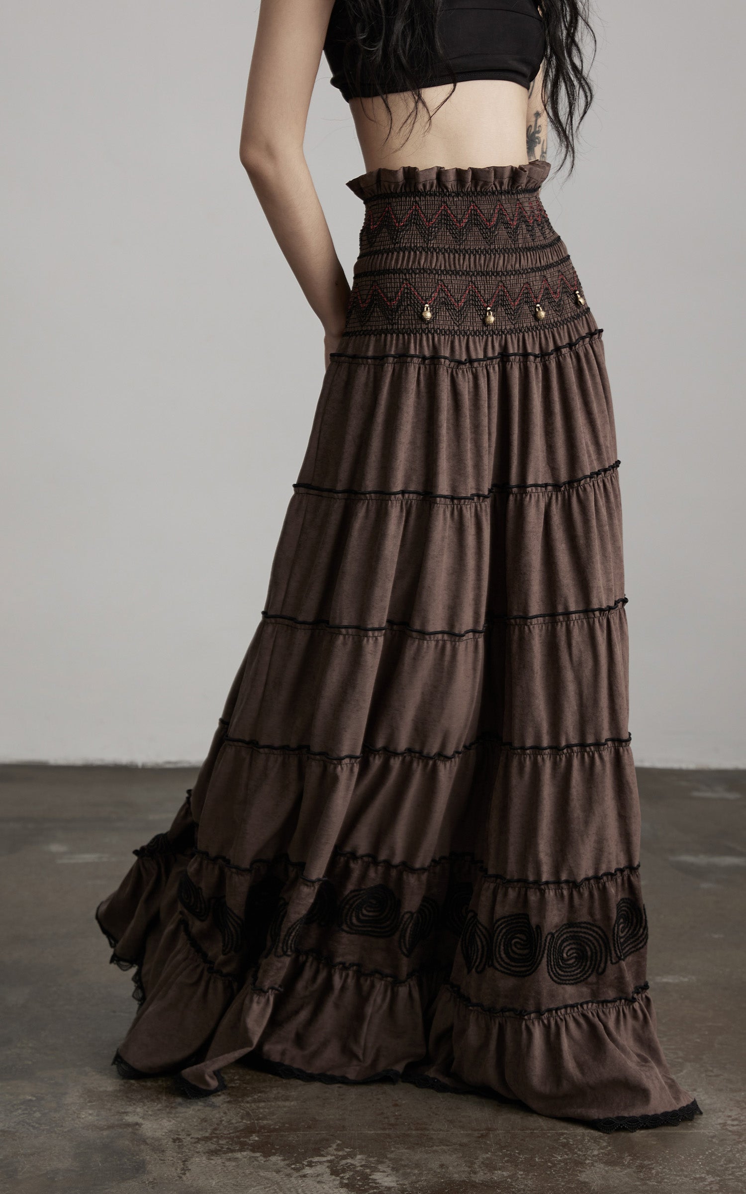 DOINDULGE Textured Tiered Maxi Skirt with Embroidery &amp; Smocked Waist