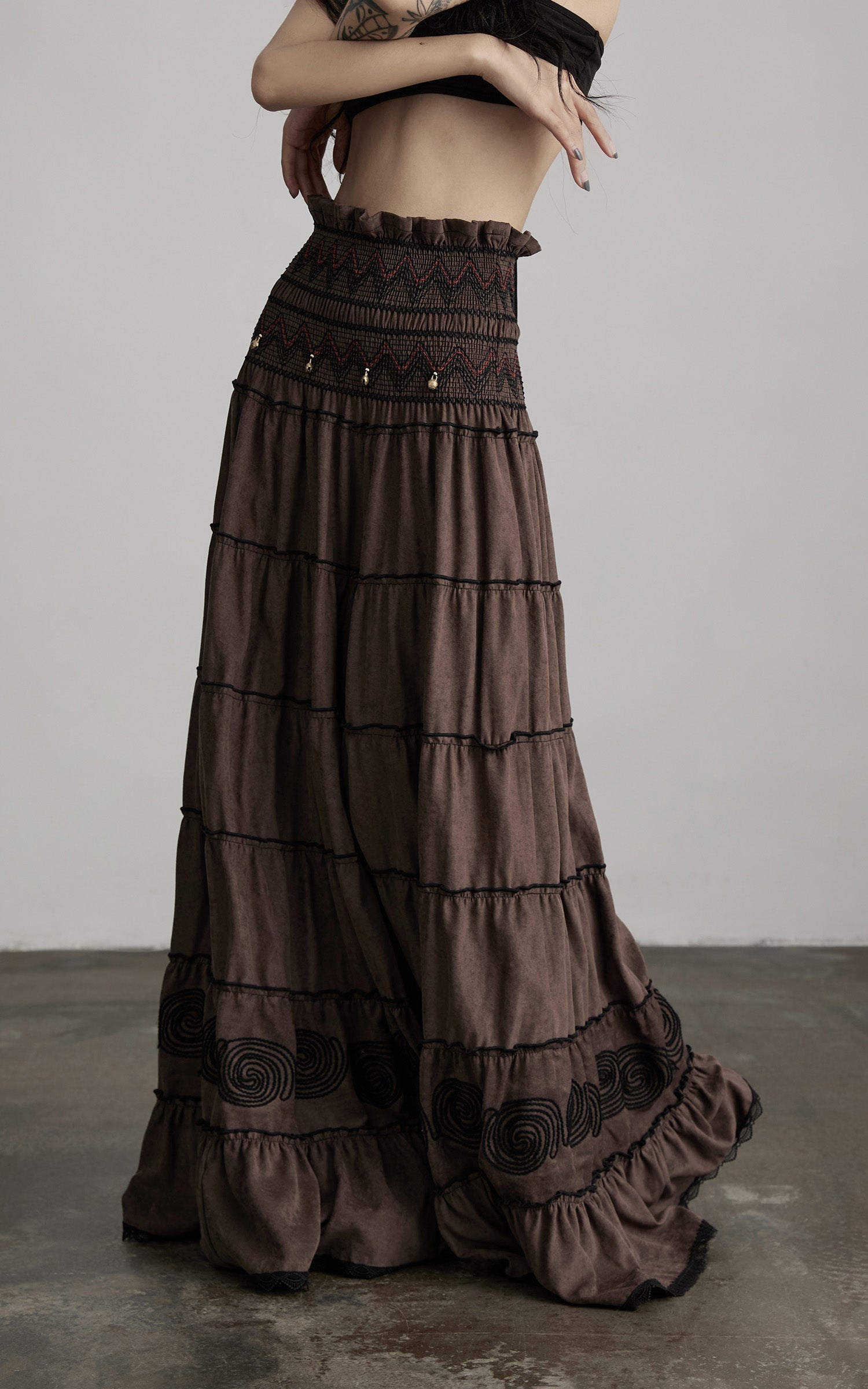DOINDULGE Textured Tiered Maxi Skirt with Embroidery &amp; Smocked Waist