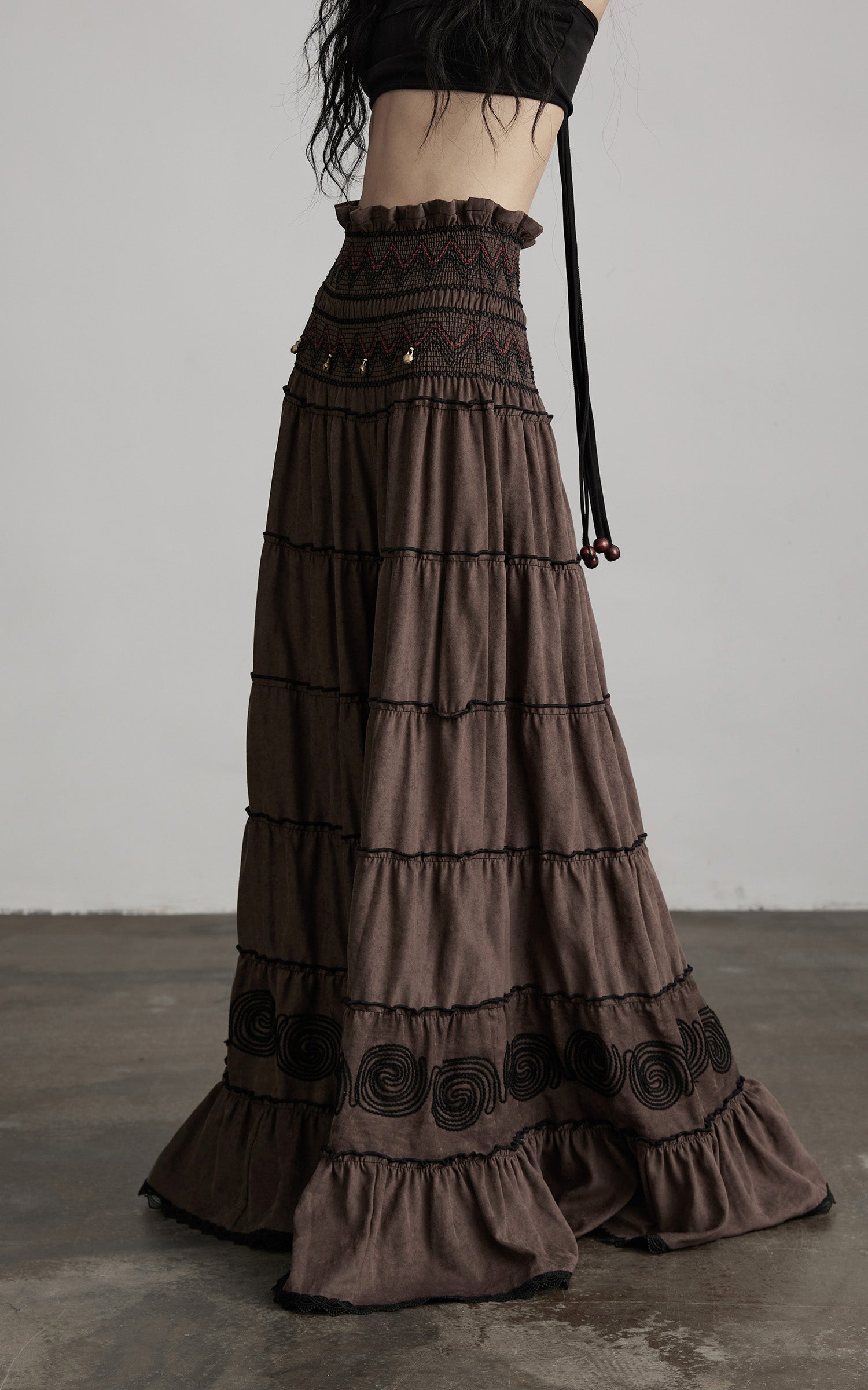 DOINDULGE Textured Tiered Maxi Skirt with Embroidery &amp; Smocked Waist