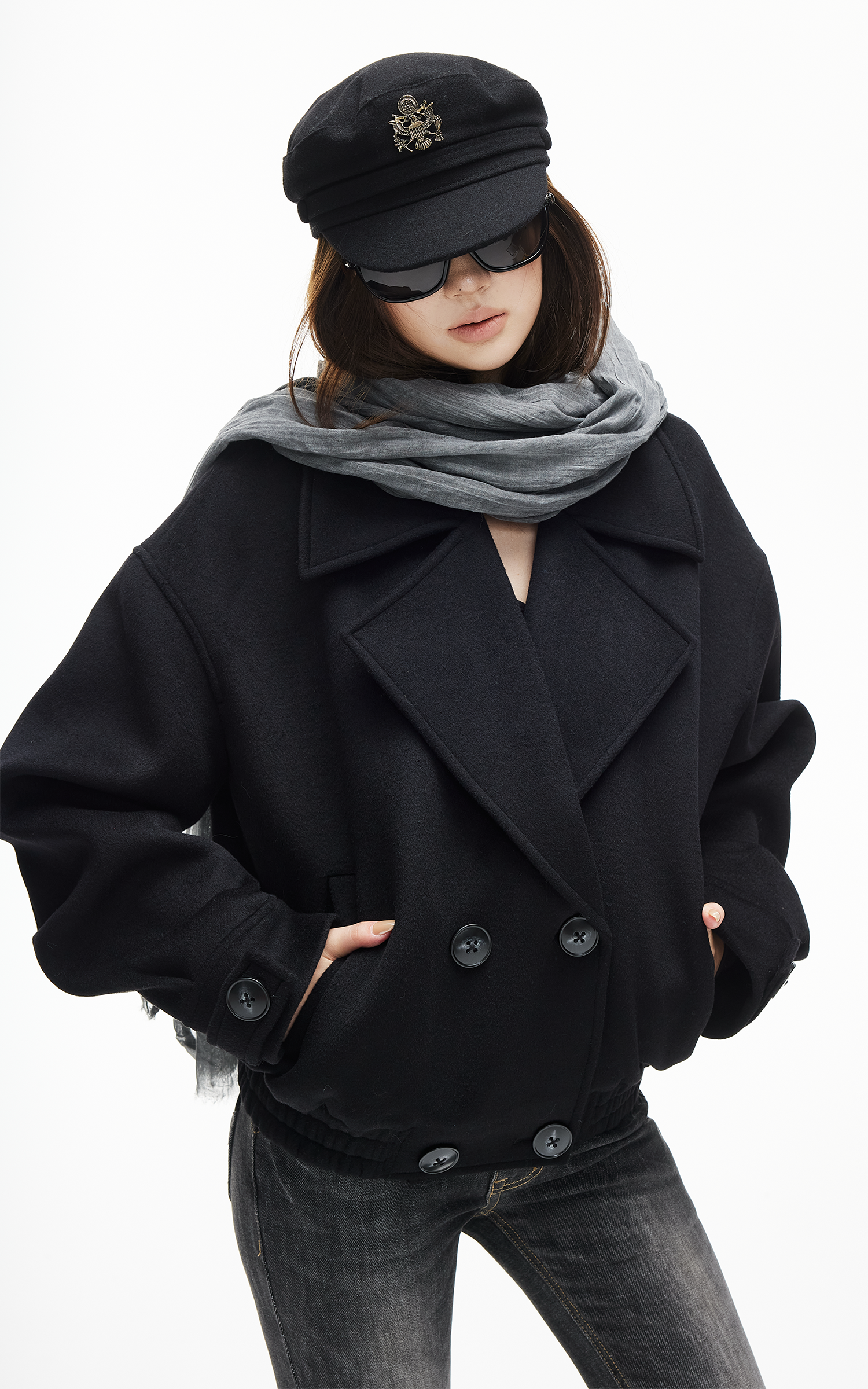 IAMXIAA Double-Breasted Cropped Wool-Like Jacket Women Short Lapel Coat