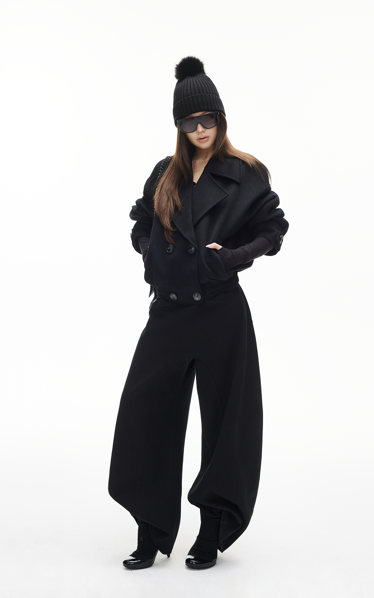 IAMXIAA Double-Breasted Cropped Wool-Like Jacket Women Short Lapel Coat